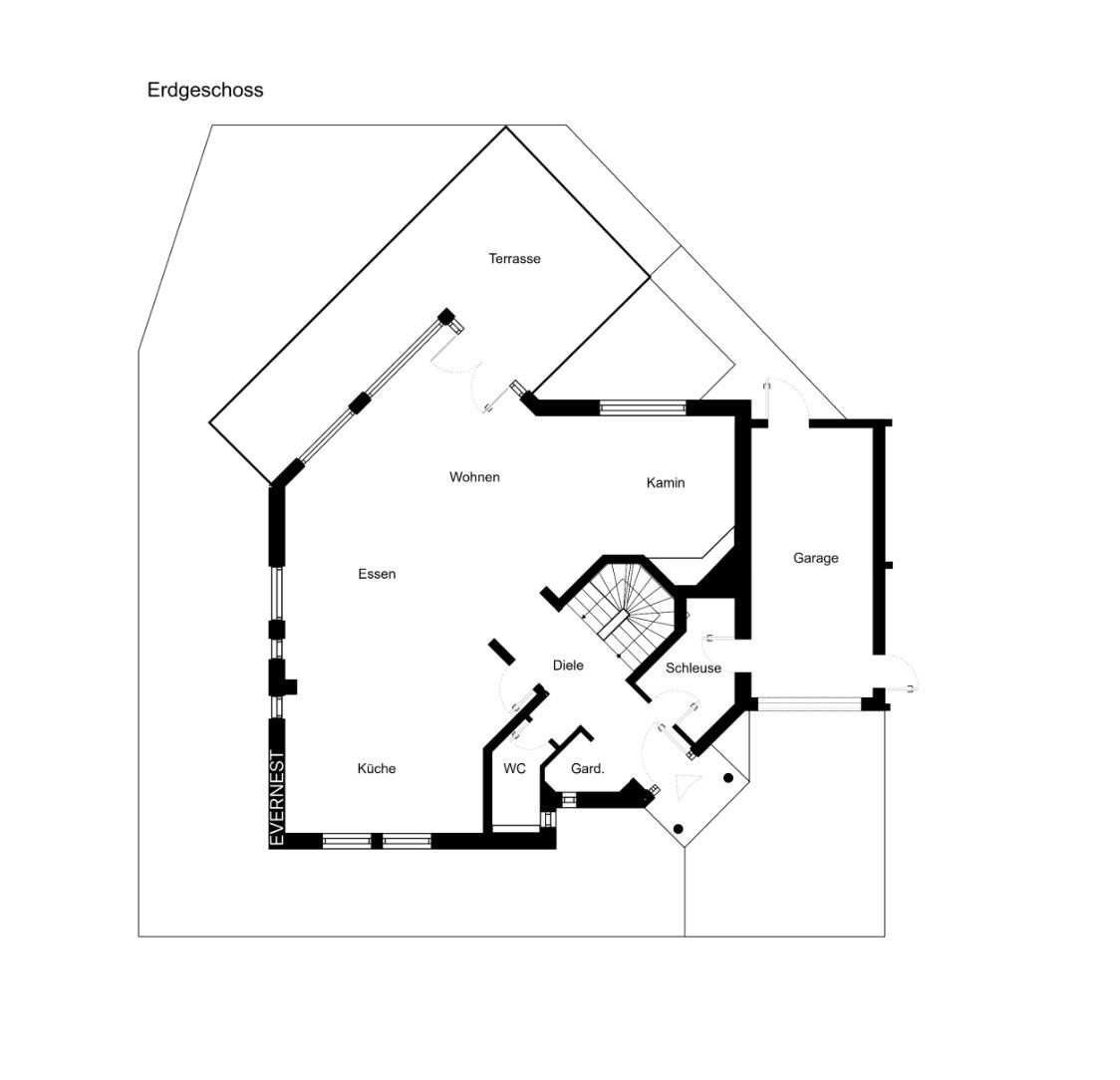 Grundriss des Erdgeschosses mit Küche, Essbereich, Wohnzimmer, Terrasse und Garage.