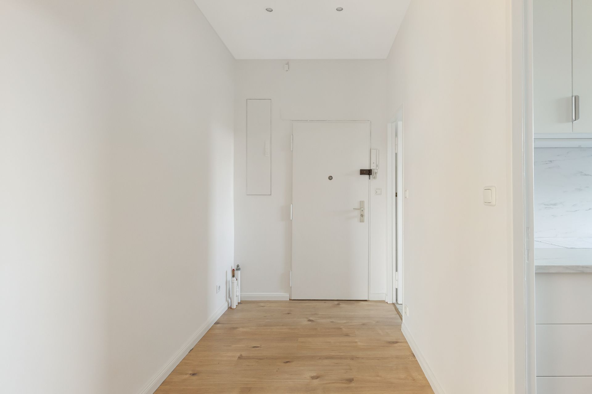 Heller Flur mit Holzboden, weiße Wände und einer Wohnungseingangstür.