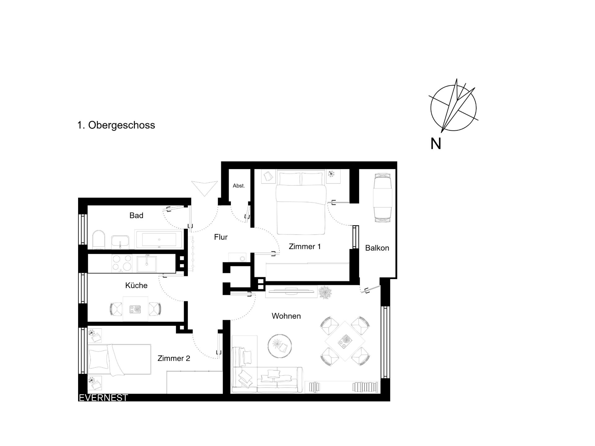 Grundriss einer Wohnung mit zwei Zimmern, Küche, Bad, Wohnzimmer, Flur, Abstellraum und Balkon.