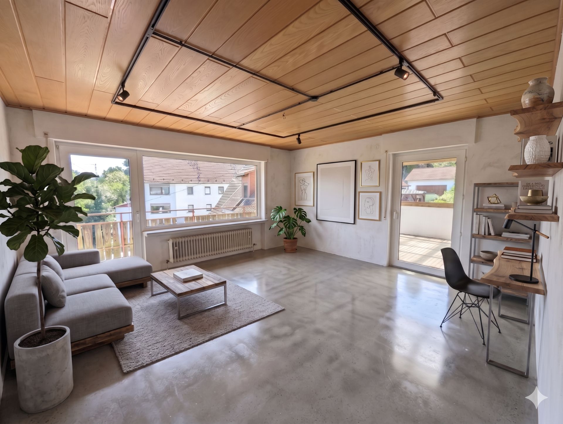 Helles Wohnzimmer mit Sofa, Couchtisch, Schreibtisch, großen Fenstern und Pflanzen.