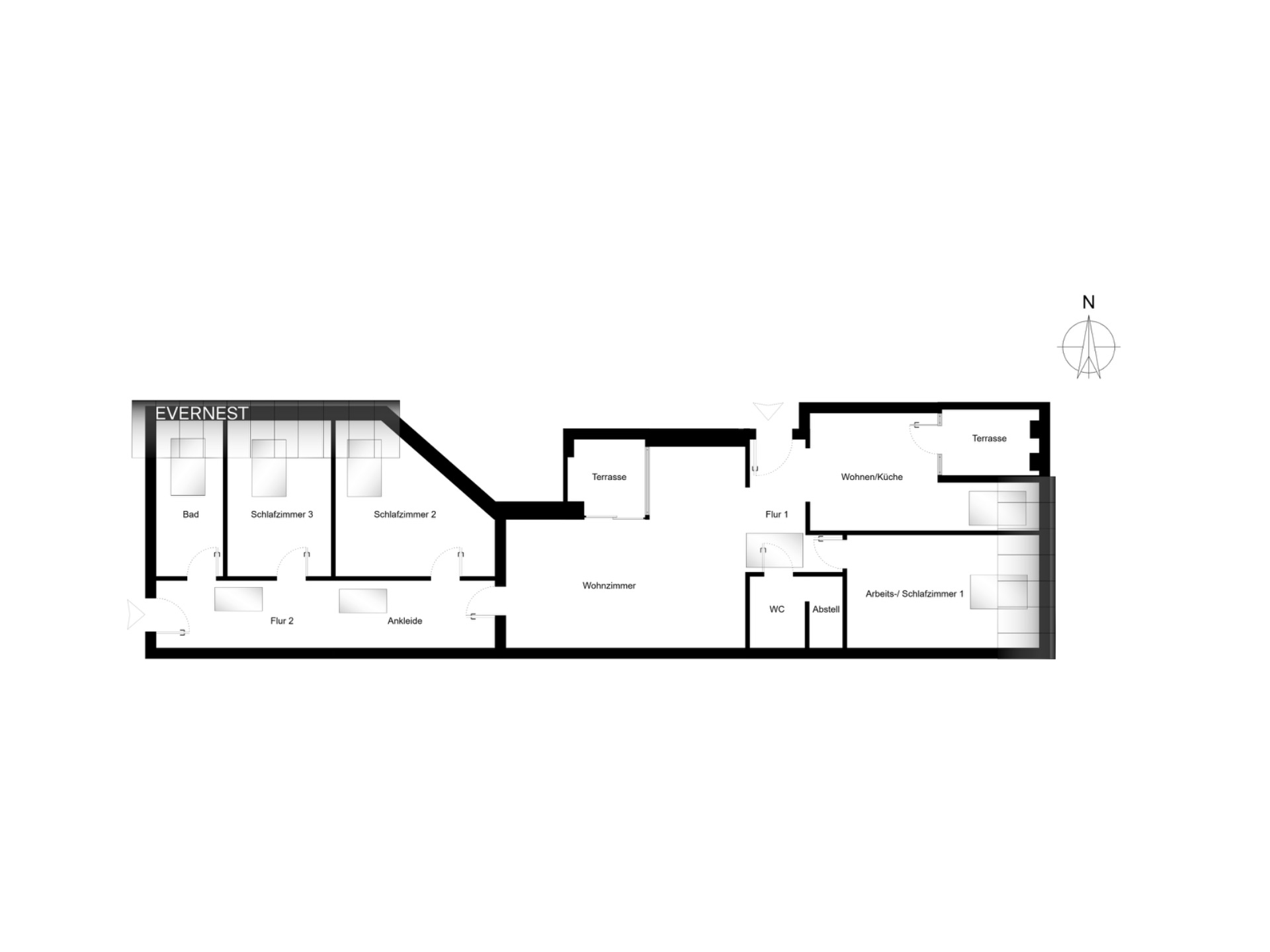 Grundriss einer Wohnung mit mehreren Schlafzimmern, Wohnzimmer, Küche, Bädern und Terrassen.