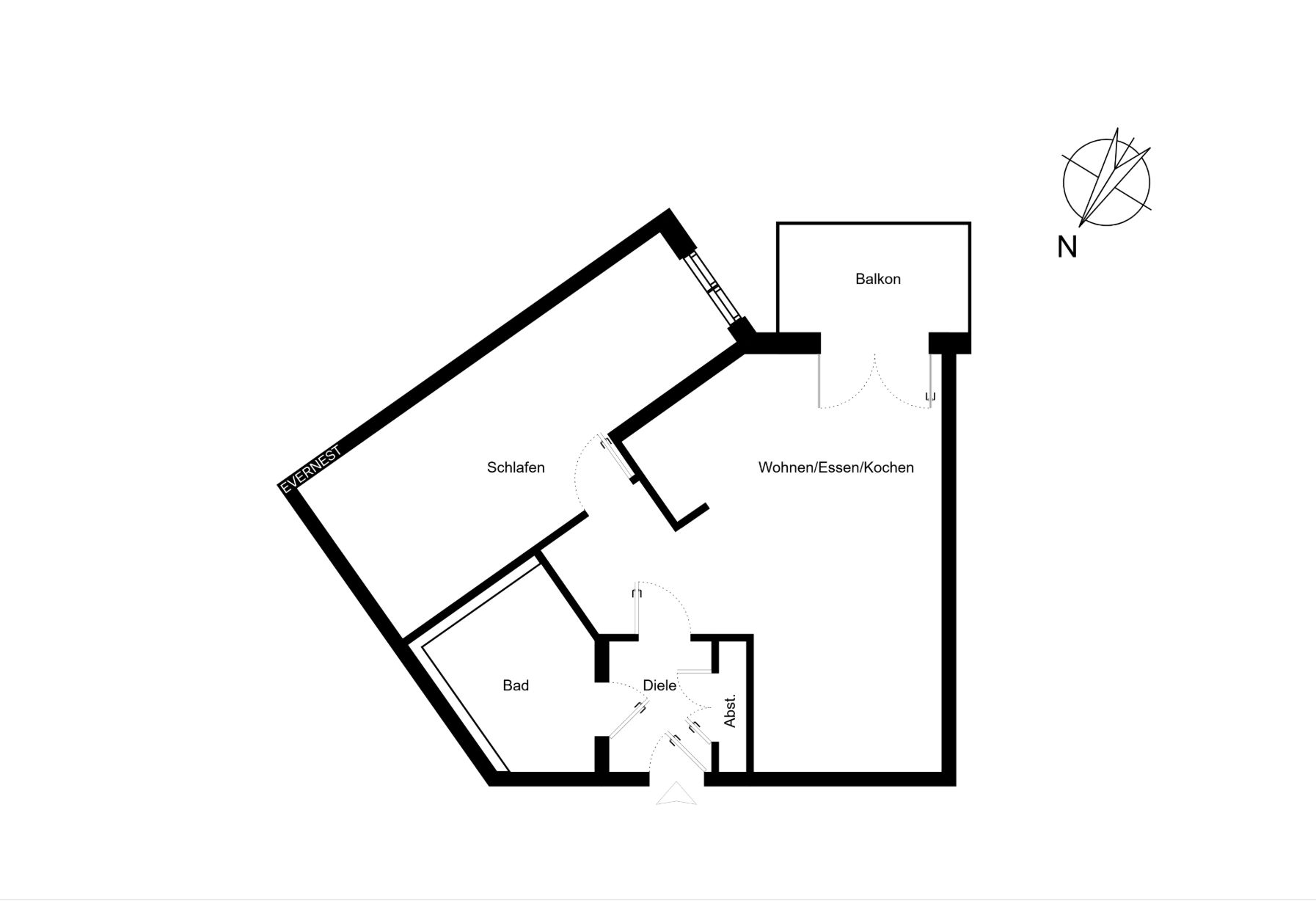 Grundriss mit Schlafzimmer, Bad, Diele, Abstellraum, Wohnbereich und Balkon.