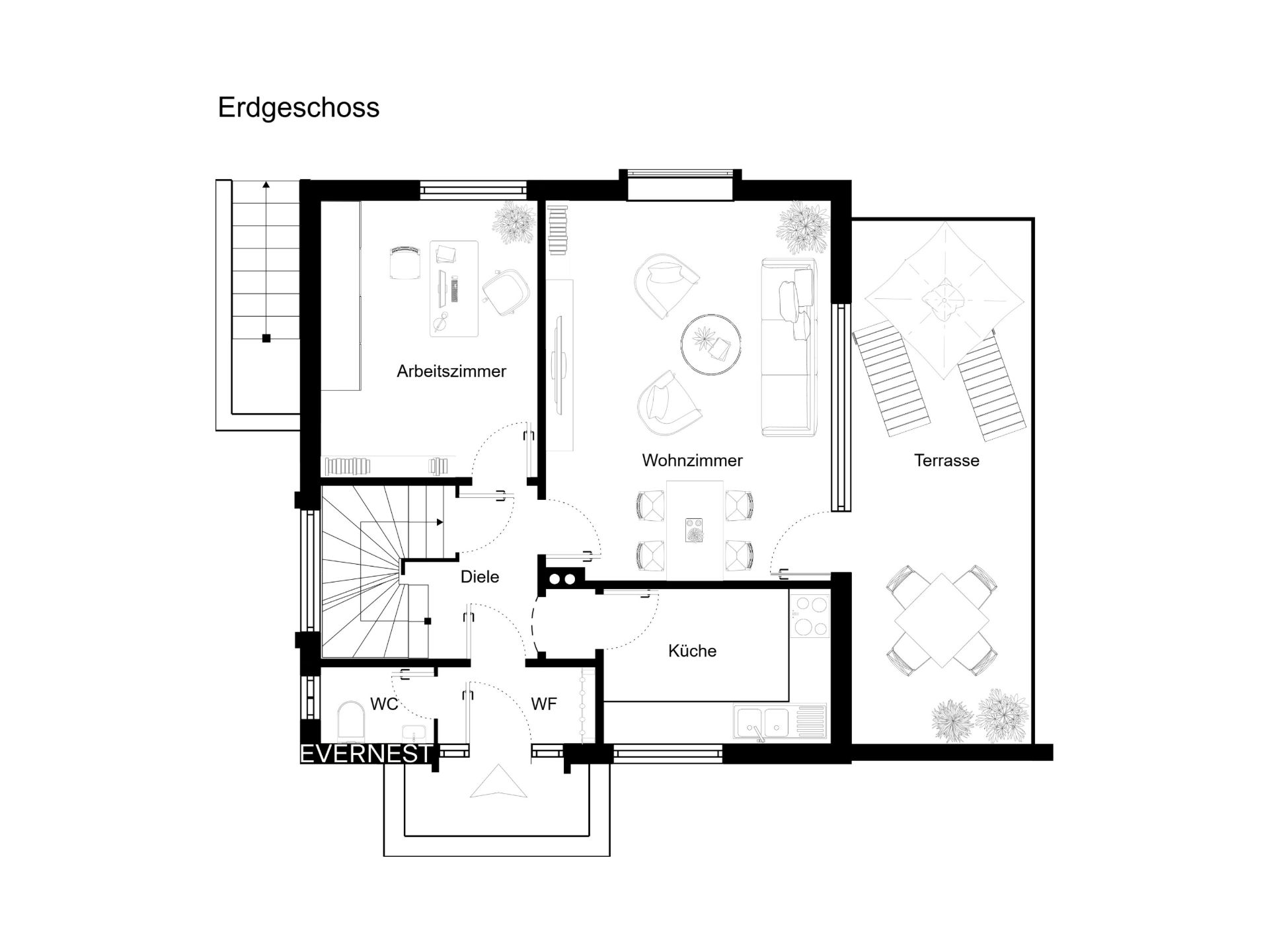 Grundriss des Erdgeschosses mit Wohnzimmer, Küche, Arbeitszimmer, WC und Terrasse.