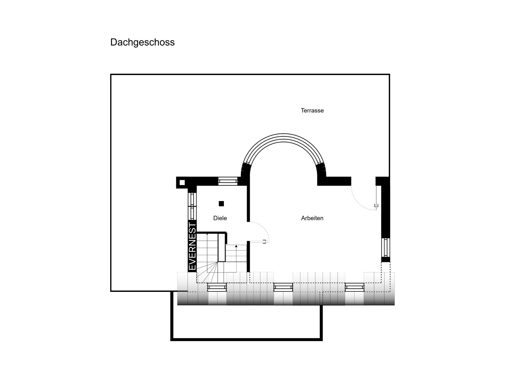 Grundriss des Dachgeschosses mit Diele, Arbeitszimmer und großer Terrasse.