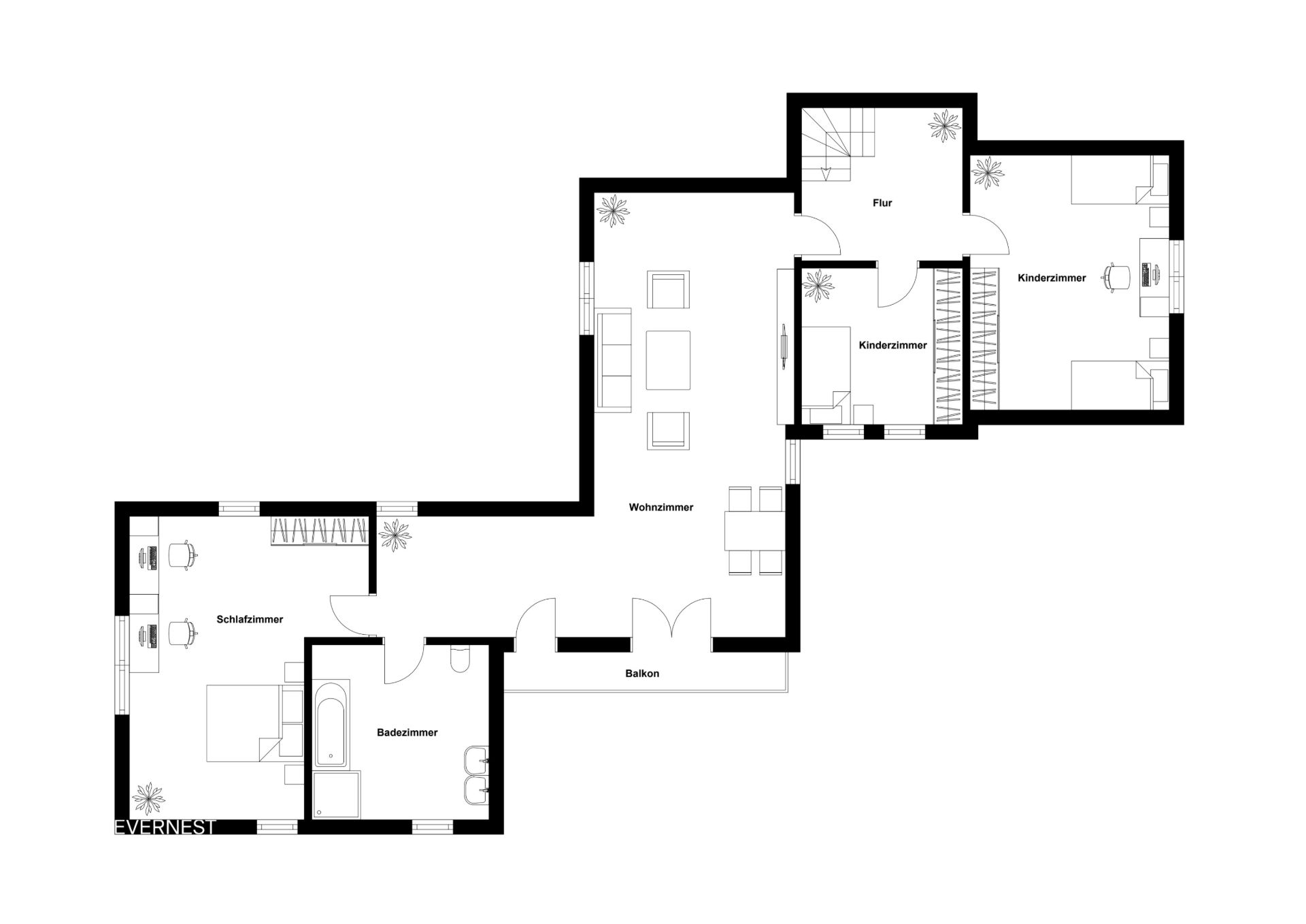 Grundriss einer Wohnung mit Wohnzimmer, Schlafzimmer, Bad, zwei Kinderzimmern, Flur und Balkon.