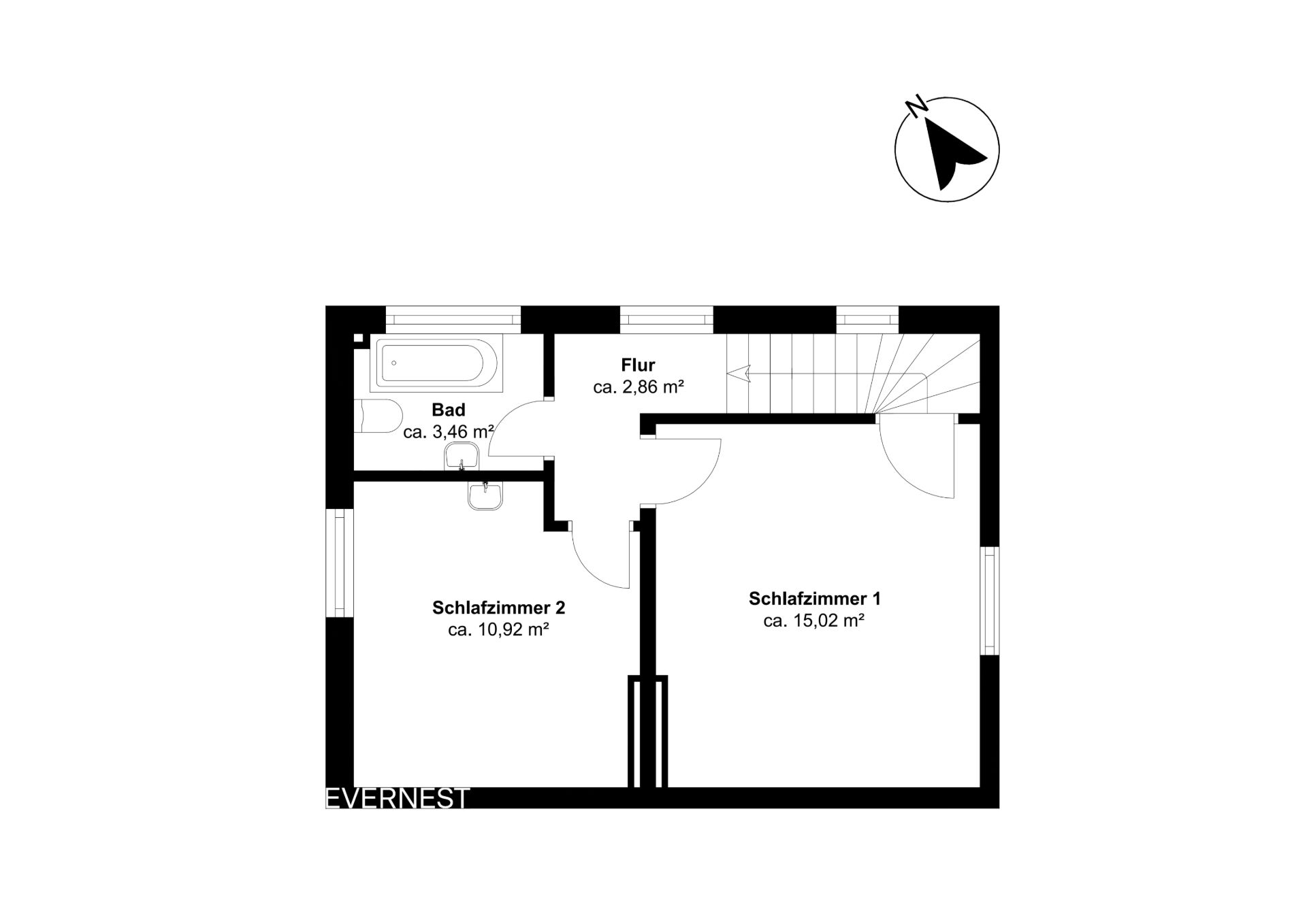 Grundriss mit zwei Schlafzimmern, Flur und Badezimmer, alle Räume sind beschriftet.