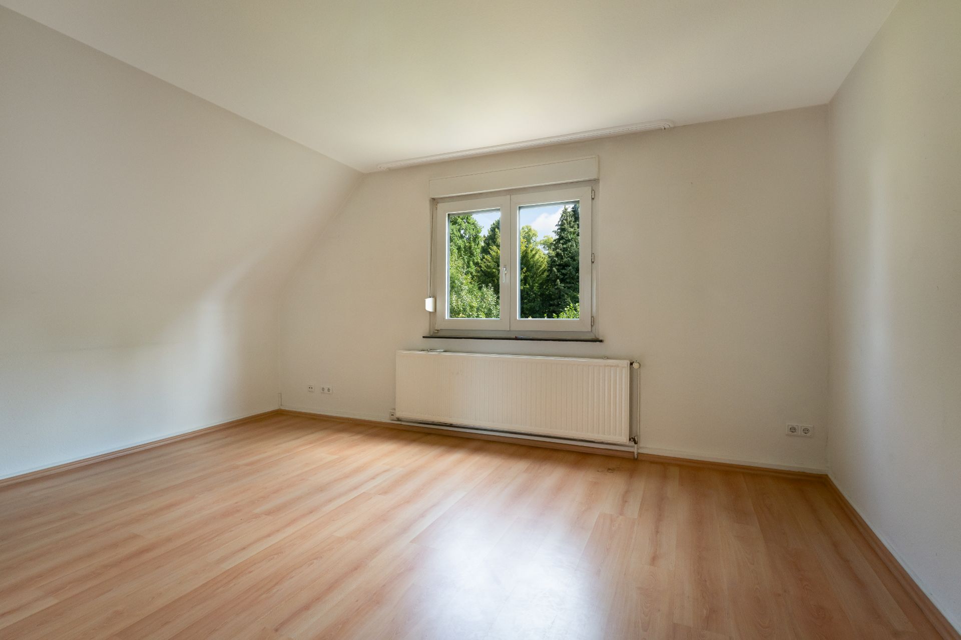 Leerer Raum mit hellem Laminatboden, weißer Wand und Fenster mit Blick ins Grüne.