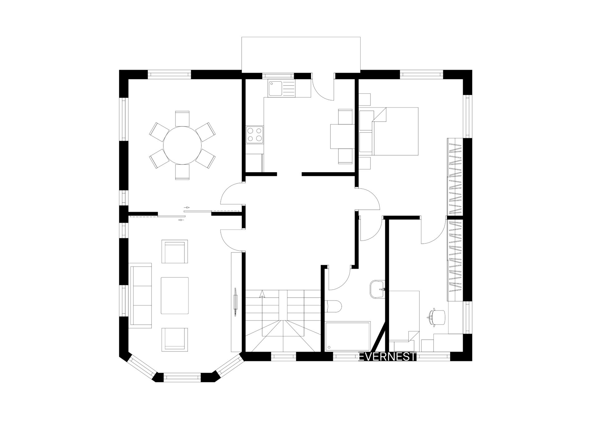 Grundriss eines Wohnhauses mit Wohnzimmer, Küche, Essbereich und Bad.