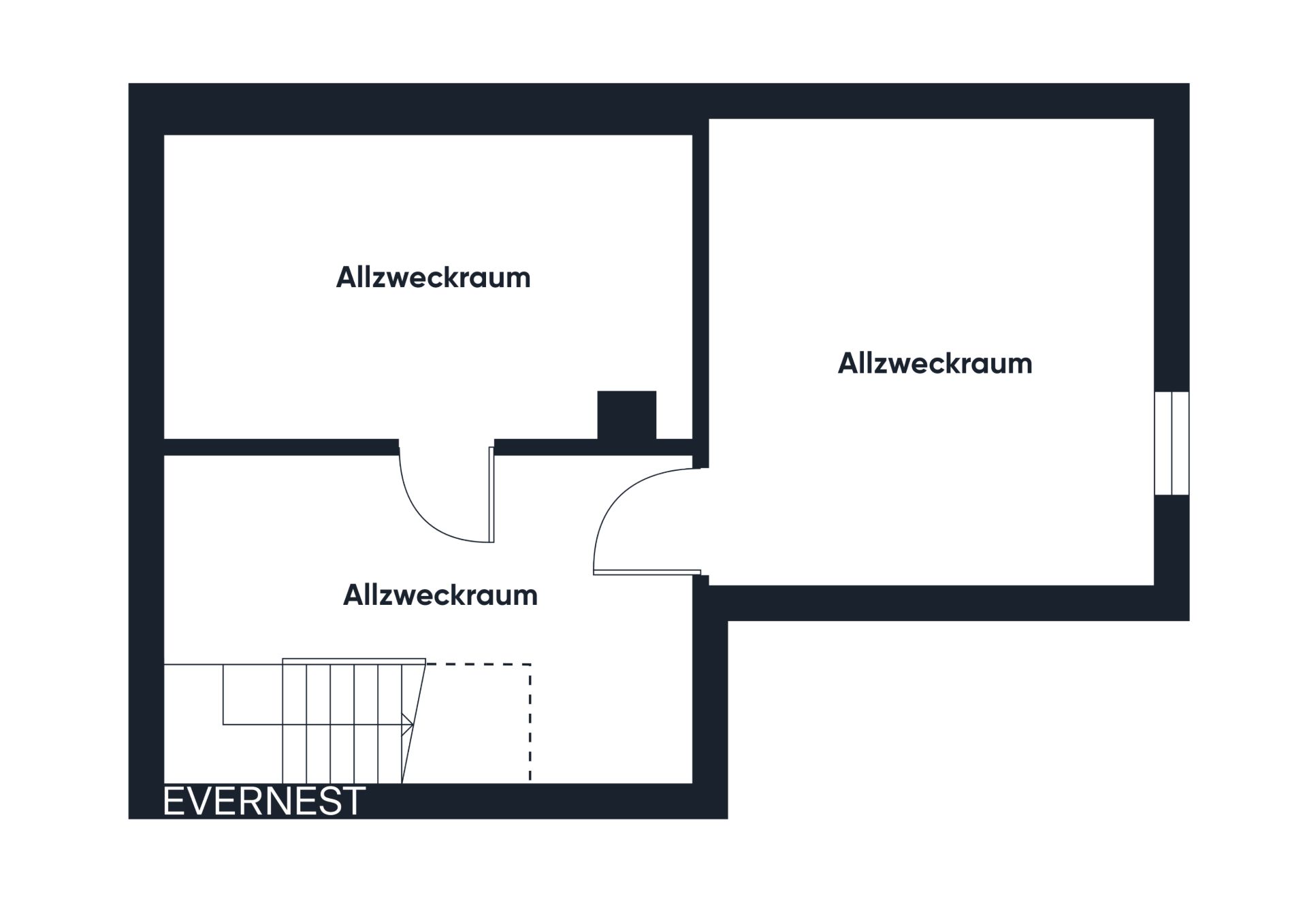 Grundriss mit drei Allzweckräumen und einer Treppe.