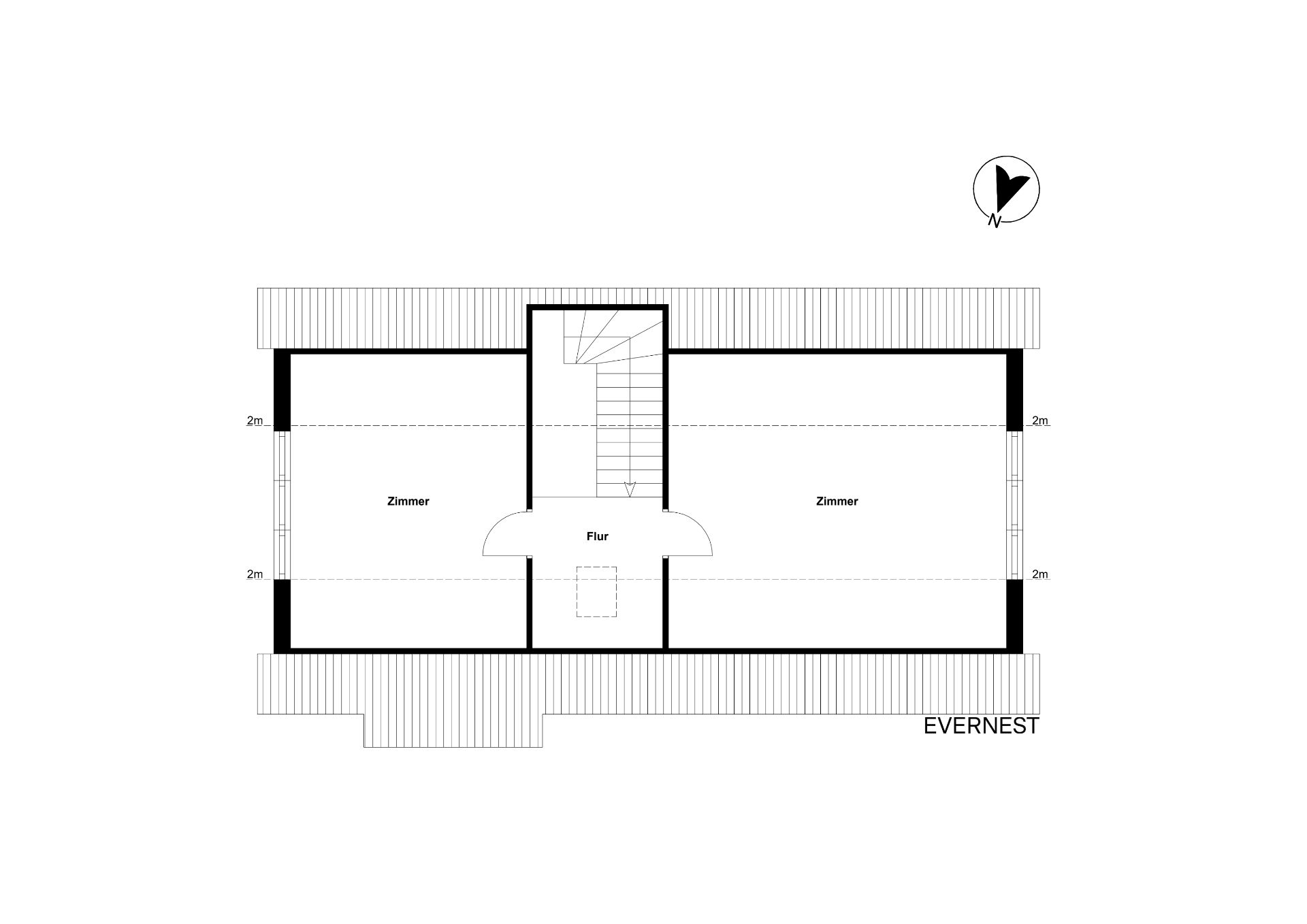Grundriss mit zwei Zimmern und einem Flur in der Mitte, Treppe zentral.