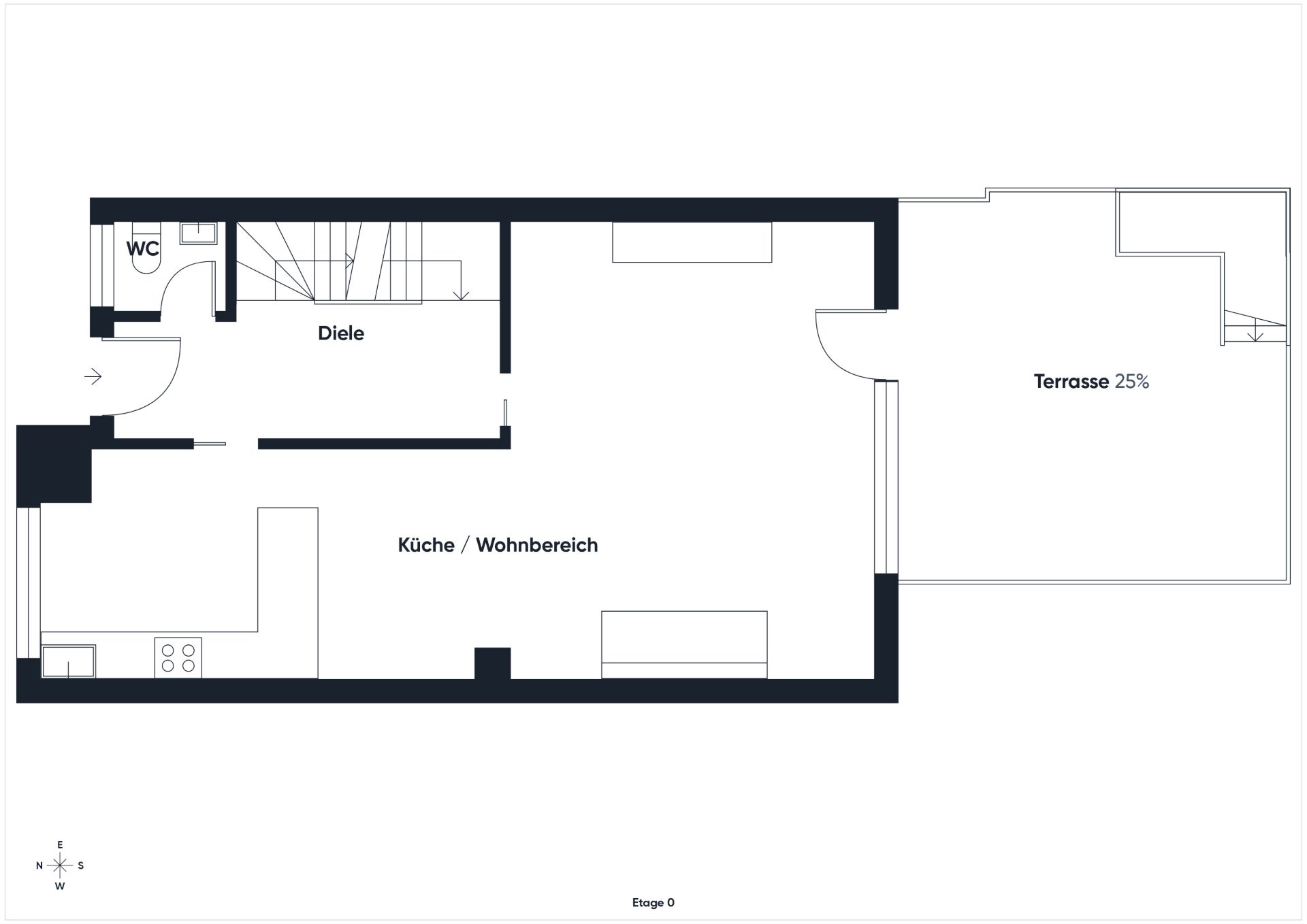 Grundriss einer Wohnung mit Küche, Wohnbereich, Diele, WC und Terrasse.