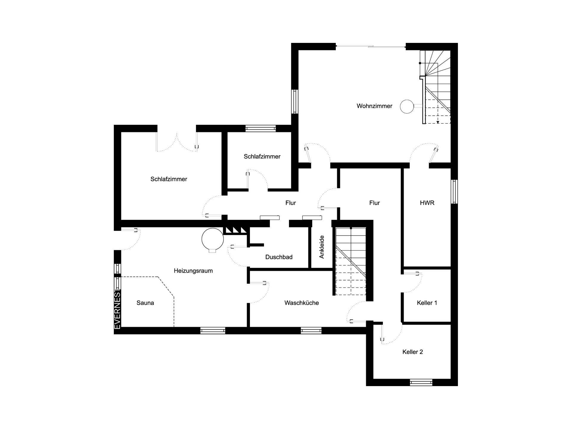 Grundriss eines Hauses mit Schlafzimmer, Wohnzimmer, Sauna, Heizung, Waschküche und Kellerräumen.