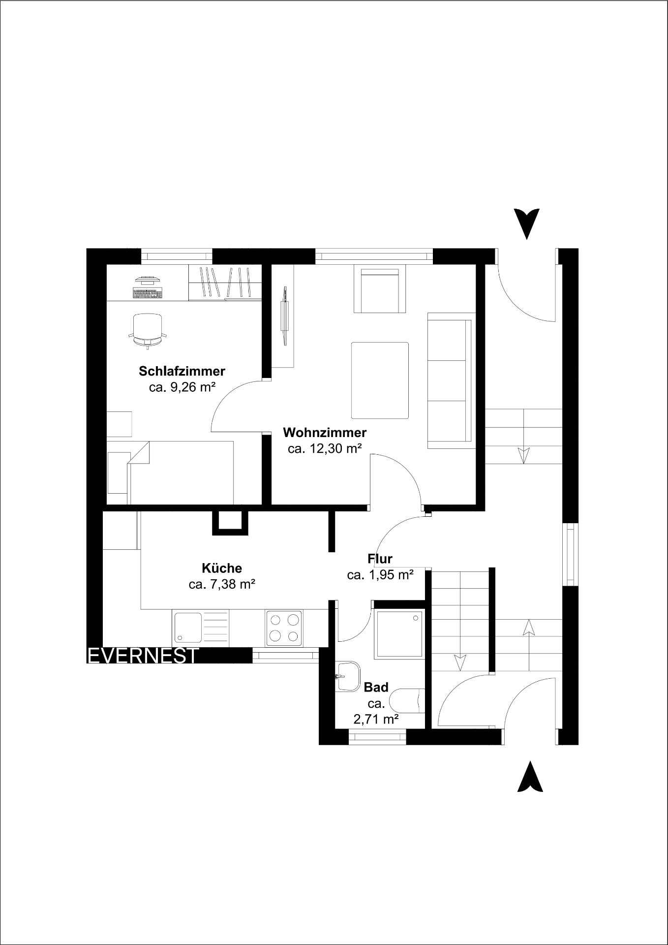 Grundriss einer Wohnung mit Schlafzimmer, Wohnzimmer, Küche, Bad und Flur.