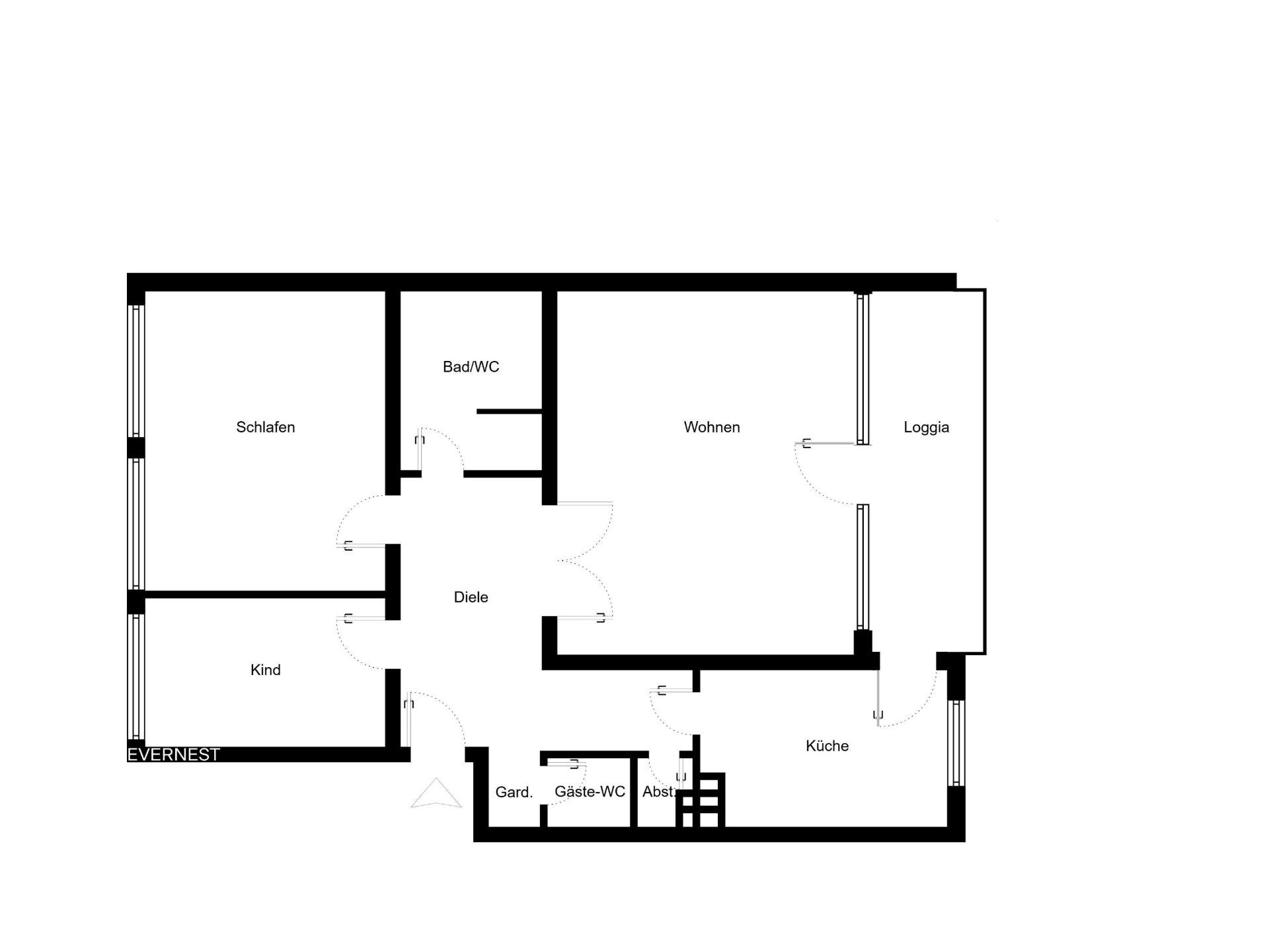 Grundriss einer Wohnung mit Schlafzimmer, Kinderzimmer, Bad, Wohnzimmer, Küche und Loggia.