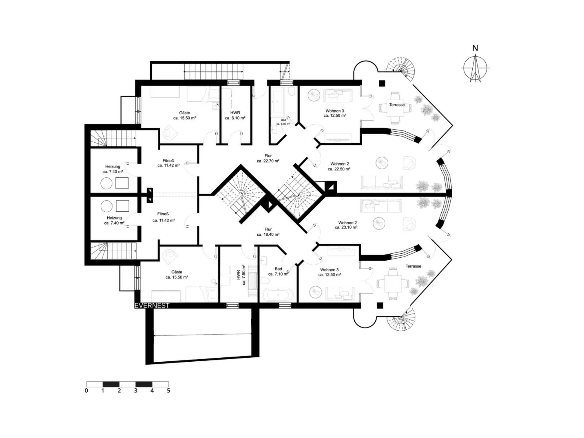 Grundriss einer Wohnung mit mehreren Zimmern, zwei Terrassen und markierten Flächenangaben.
