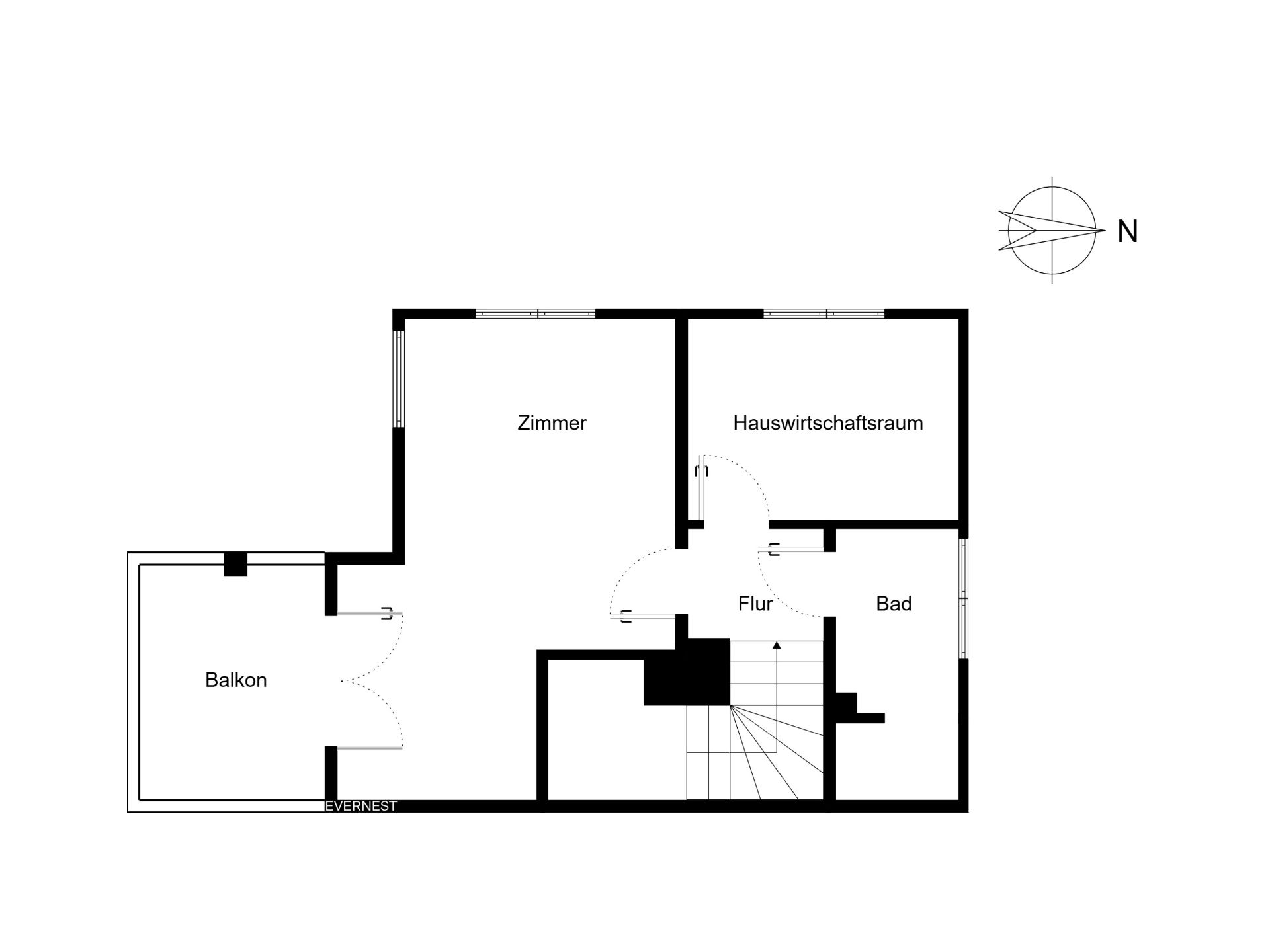 Grundriss mit Zimmer, Hauswirtschaftsraum, Bad, Flur und Balkon.