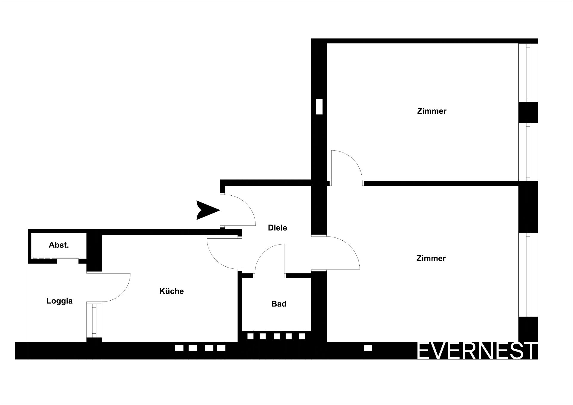 Wohnungsgrundriss mit zwei Zimmern, Küche, Bad, Diele, Abstellraum und Loggia.