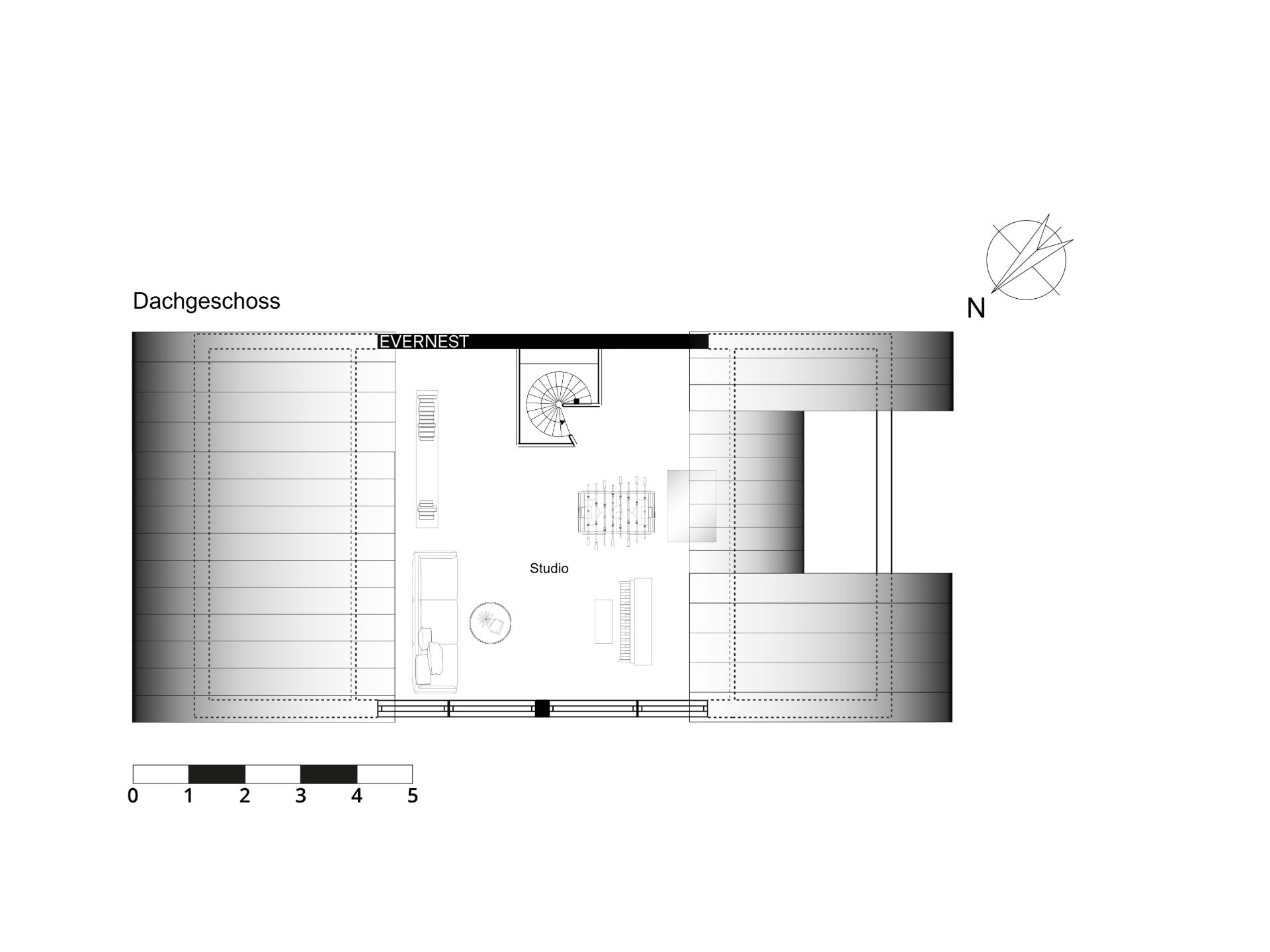 Grundriss des Dachgeschosses mit Studio, Treppe und Einrichtung.