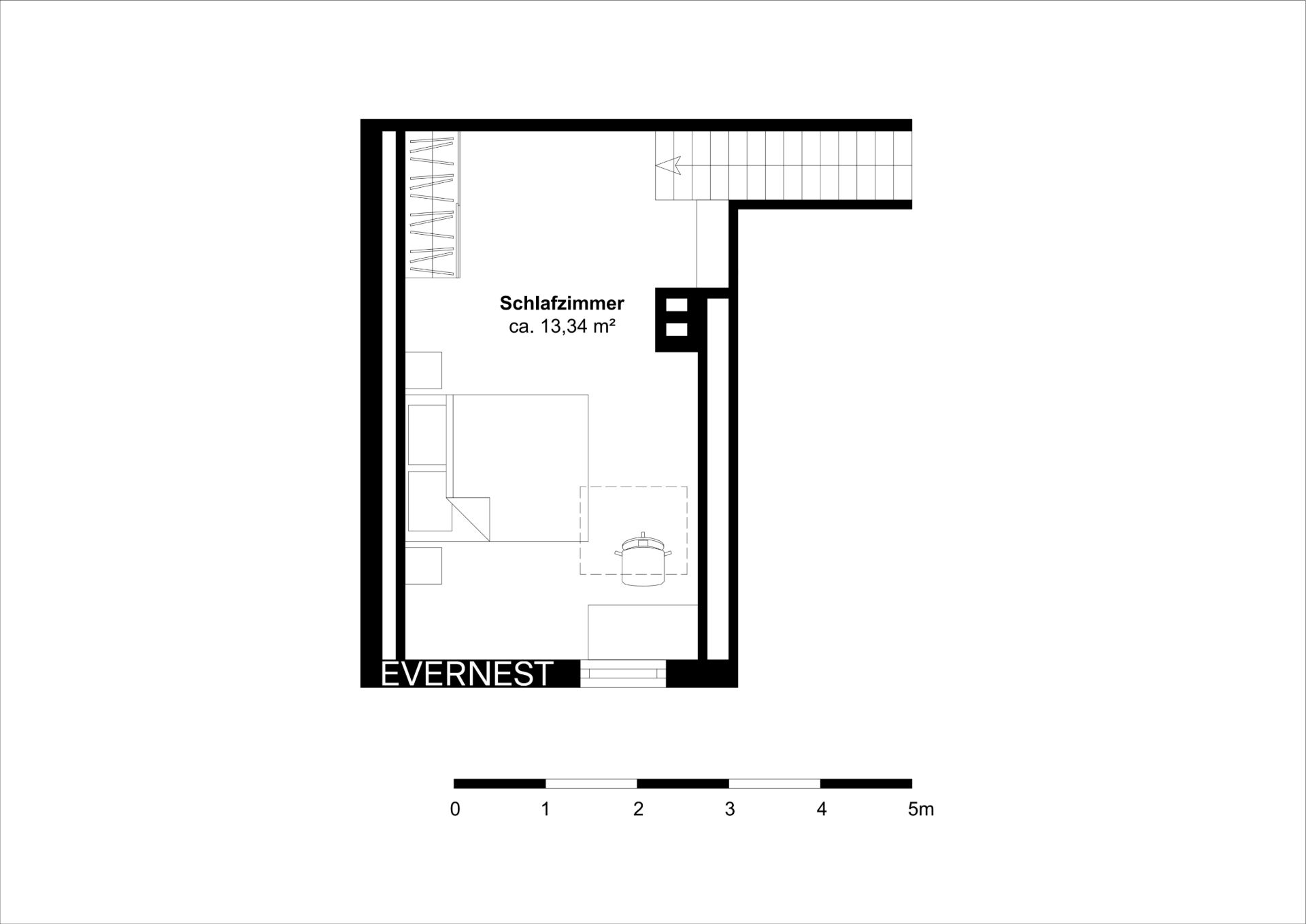 Grundriss eines Schlafzimmers mit Bett, Schrank und Schreibtisch, ca. 13,34 Quadratmeter.