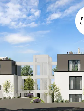 Moderne Wohngebäude mit Balkonen, Dachterrassen und Bepflanzung bei blauem Himmel.