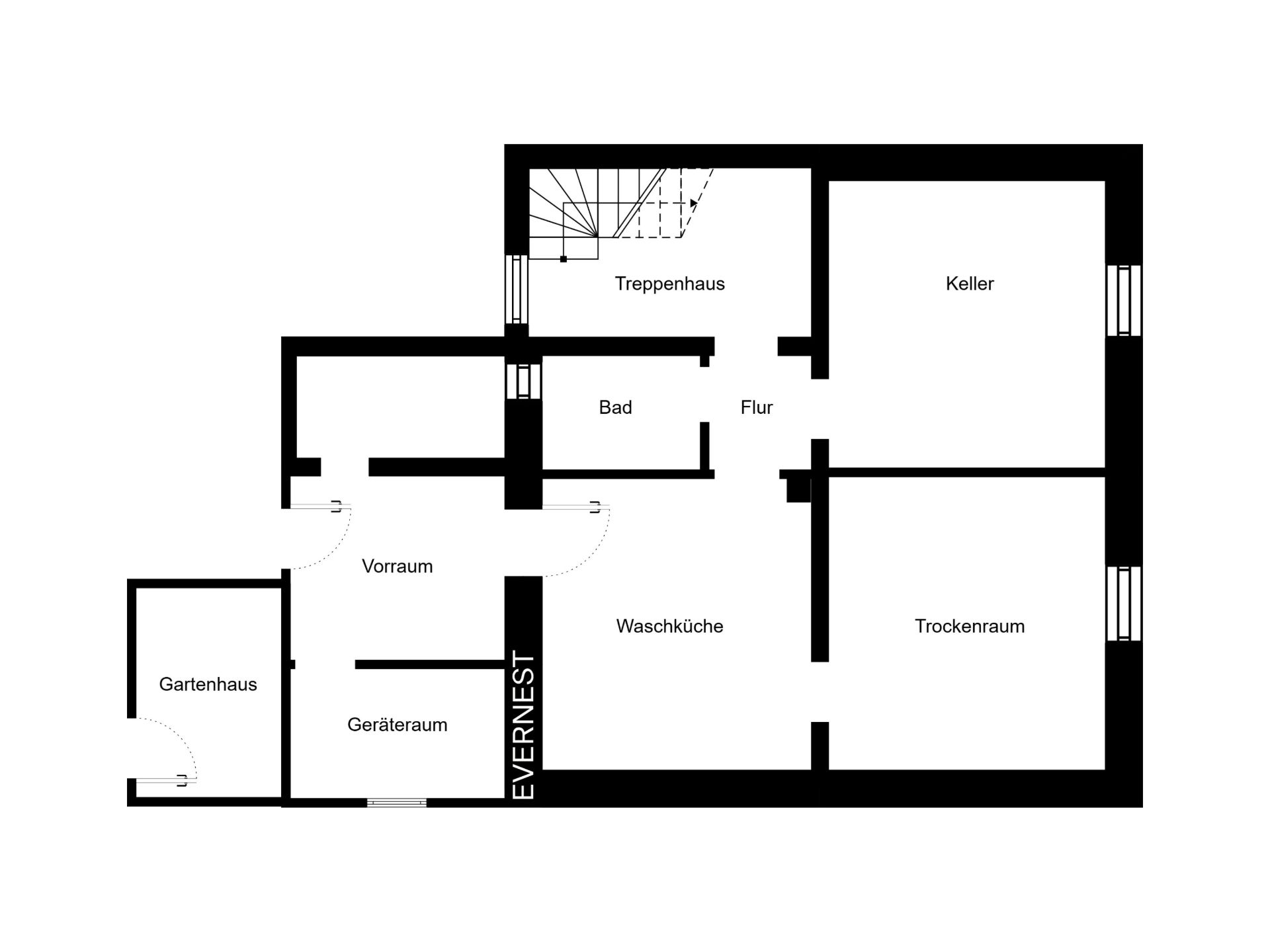 Grundriss eines Kellers mit Waschküche, Trockenraum, Bad, Keller, Geräte- und Gartenraum.