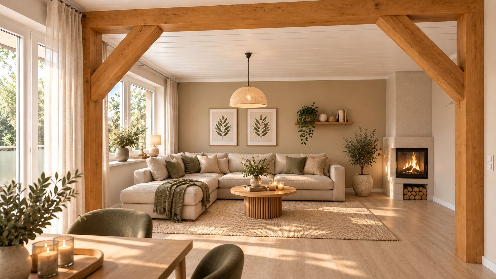 Helles Wohnzimmer mit großem Sofa, Kamin, runden Holztisch und vielen Pflanzen.
