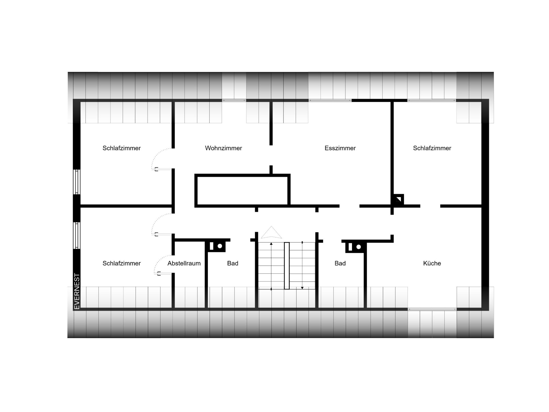 Grundriss einer Wohnung mit zwei Schlafzimmern, Wohnzimmer, Esszimmer, Küche, zwei Bädern und Abstellraum.