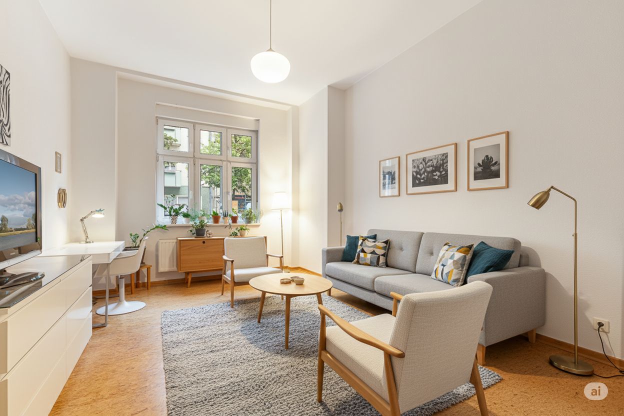 Helles Wohnzimmer mit Sofa, Sesseln, Teppich, Fernseher und großem Fenster mit Pflanzen.