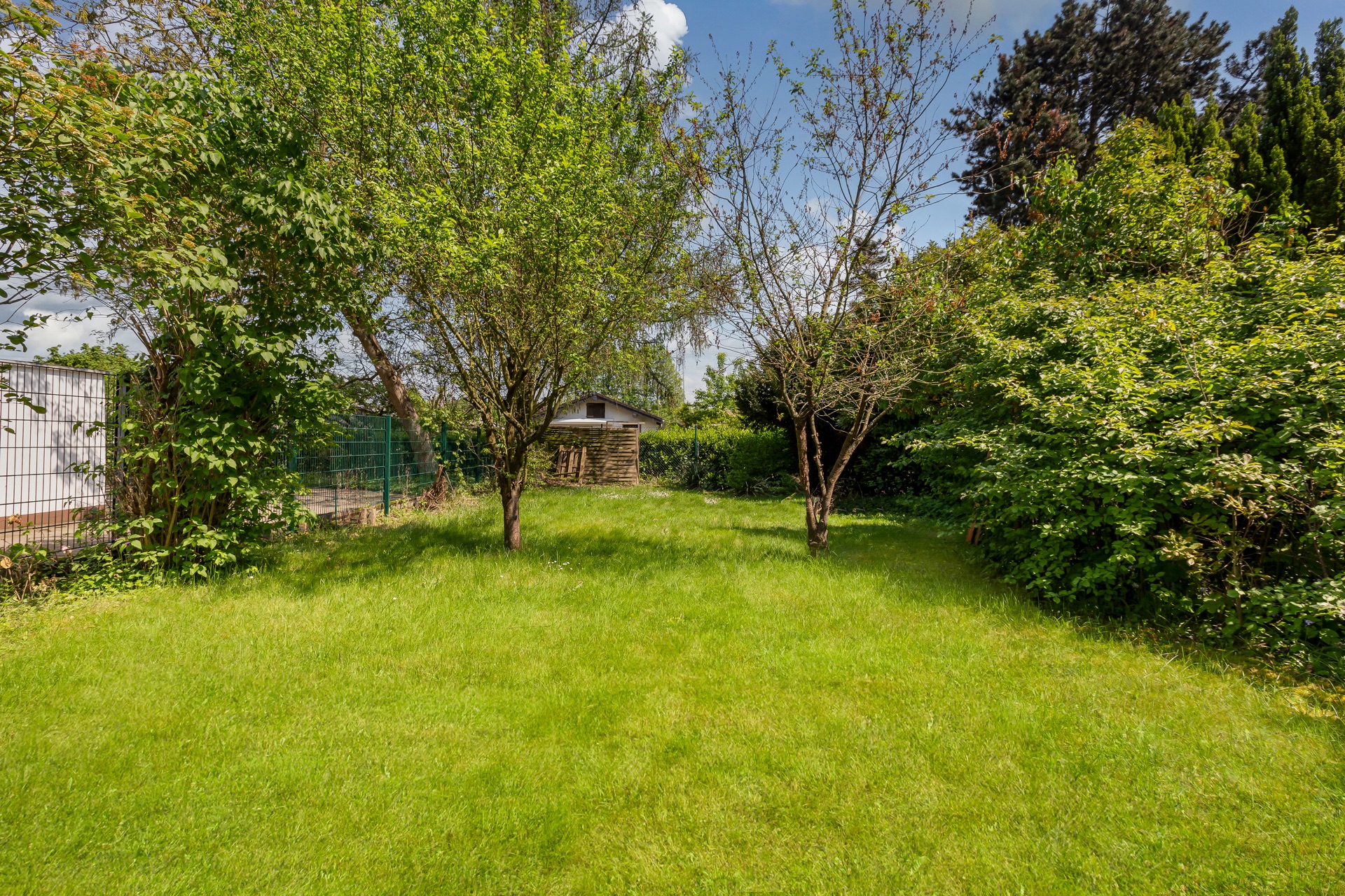 Grüner Garten mit Bäumen, Sträuchern und einer kleinen Hütte im Hintergrund.