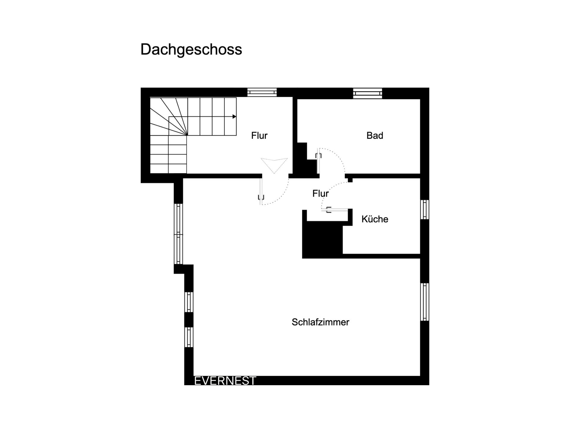 Grundriss eines Dachgeschosses mit Flur, Schlafzimmer, Bad und Küche.