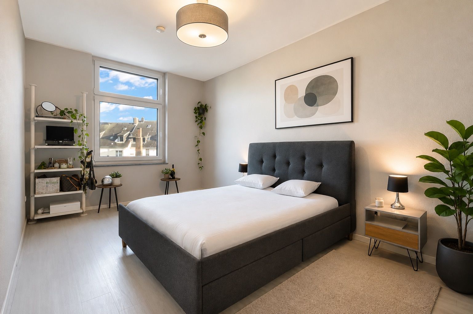 Modernes Schlafzimmer mit Doppelbett, großem Fenster, Pflanzen und Wandbild.
