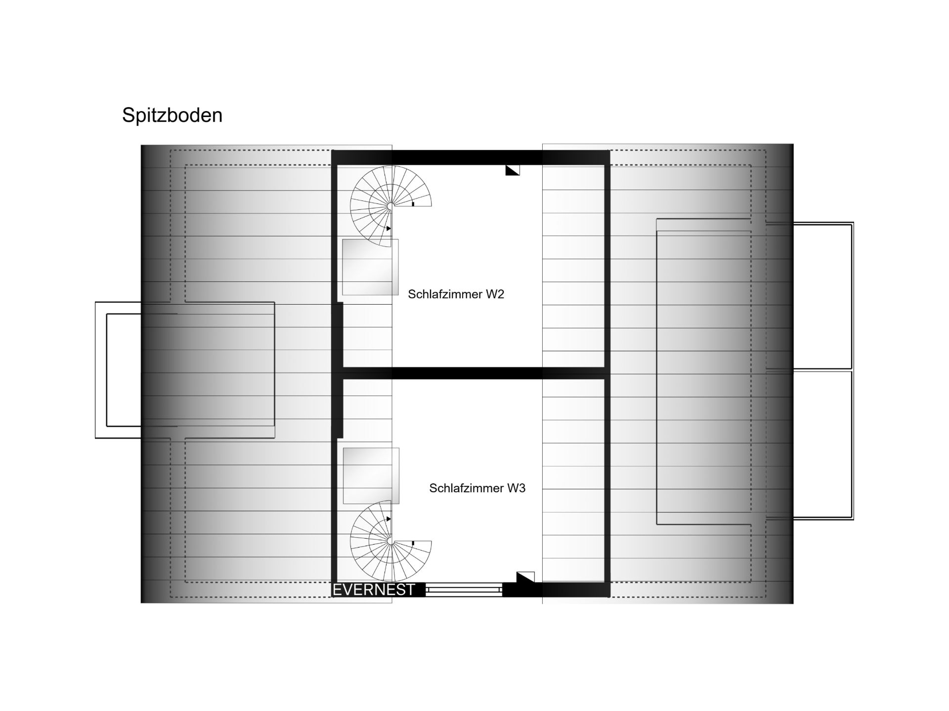 Grundriss eines Spitzbodens mit zwei Schlafzimmern und Wendeltreppen.