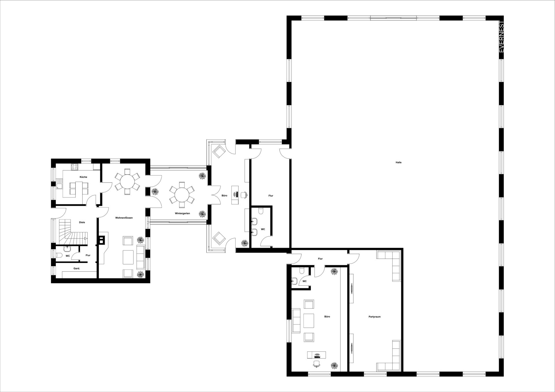 Grundriss eines Wohnhauses mit mehreren Zimmern und einem großen offenen Bereich.