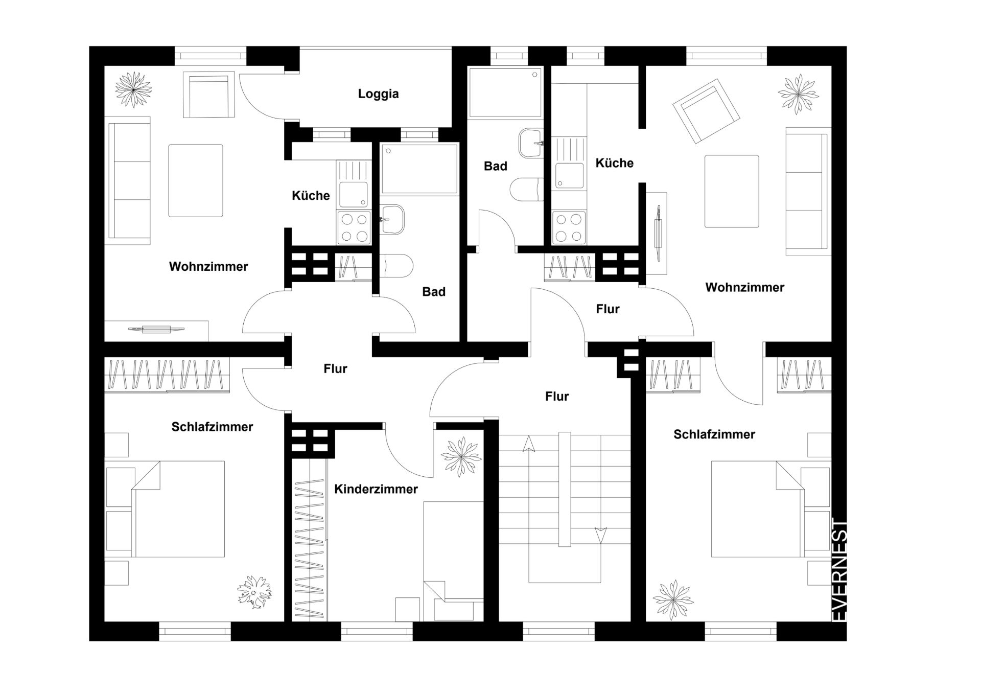 Grundriss einer Wohnung mit Wohnzimmer, Schlafzimmer, Kinderzimmer, Küche, Bad und Loggia.