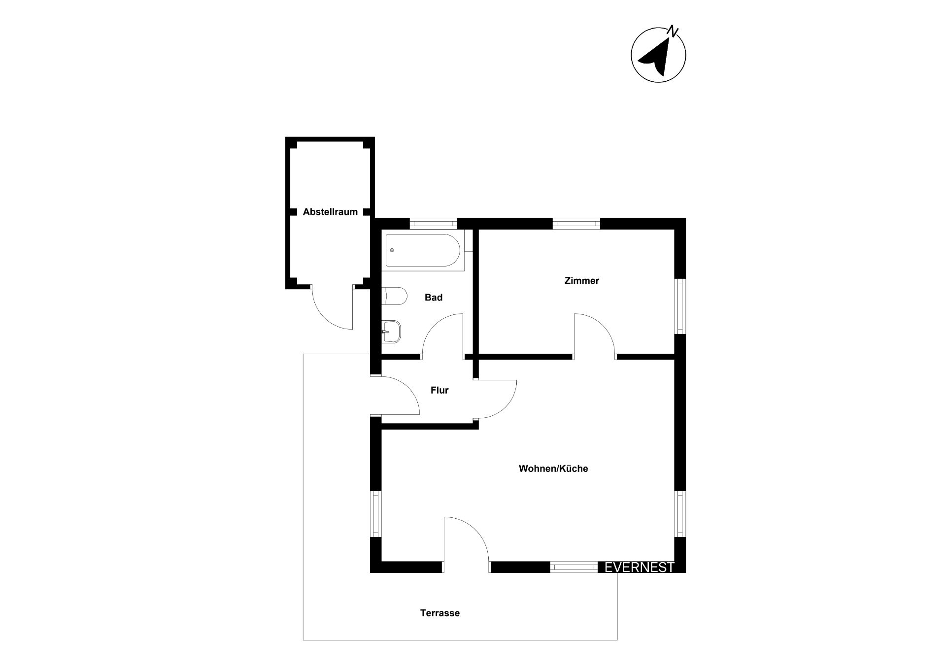 Grundriss einer Wohnung mit Zimmer, Bad, Abstellraum, Flur, Wohnen/Küche und Terrasse.