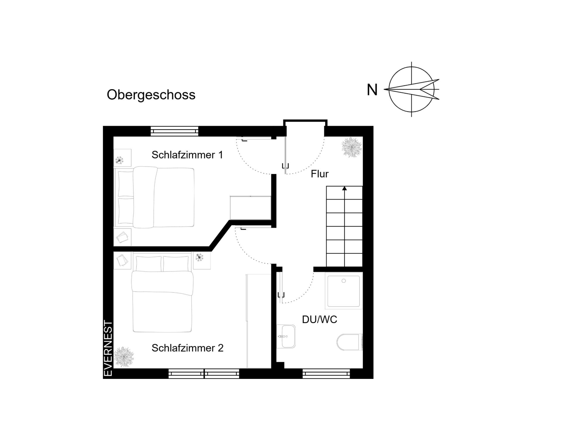 Grundriss eines Obergeschosses mit zwei Schlafzimmern, Flur und Bad mit Dusche und WC.