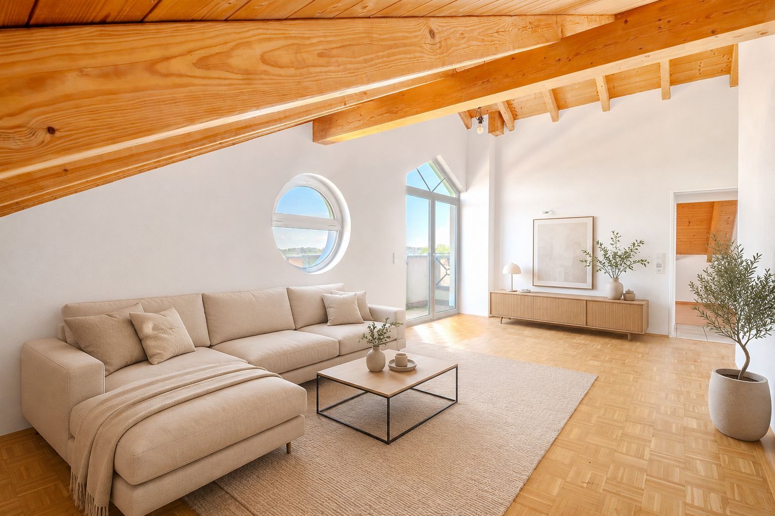 Helles Wohnzimmer mit Holzbalkendecke, beiger Ecksofa, großem Fenster und runder Tür.