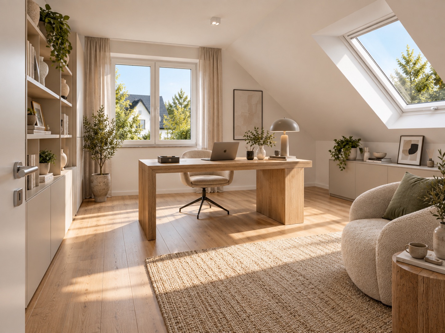 Helles Arbeitszimmer mit großem Fenster, Schreibtisch, Regal, Sessel und Pflanzen.