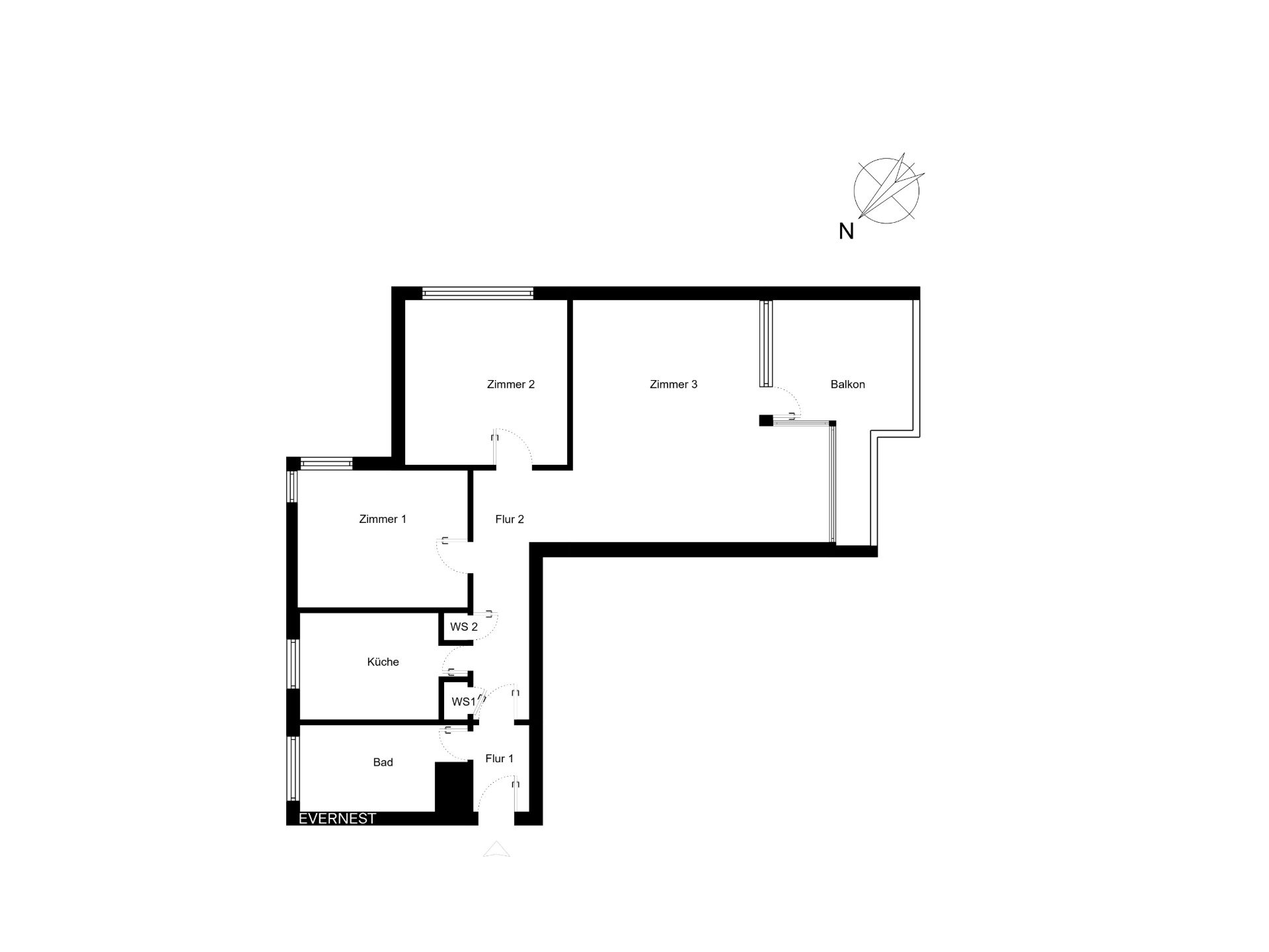 Grundriss einer Wohnung mit drei Zimmern, Küche, Bad, zwei Fluren und Balkon.