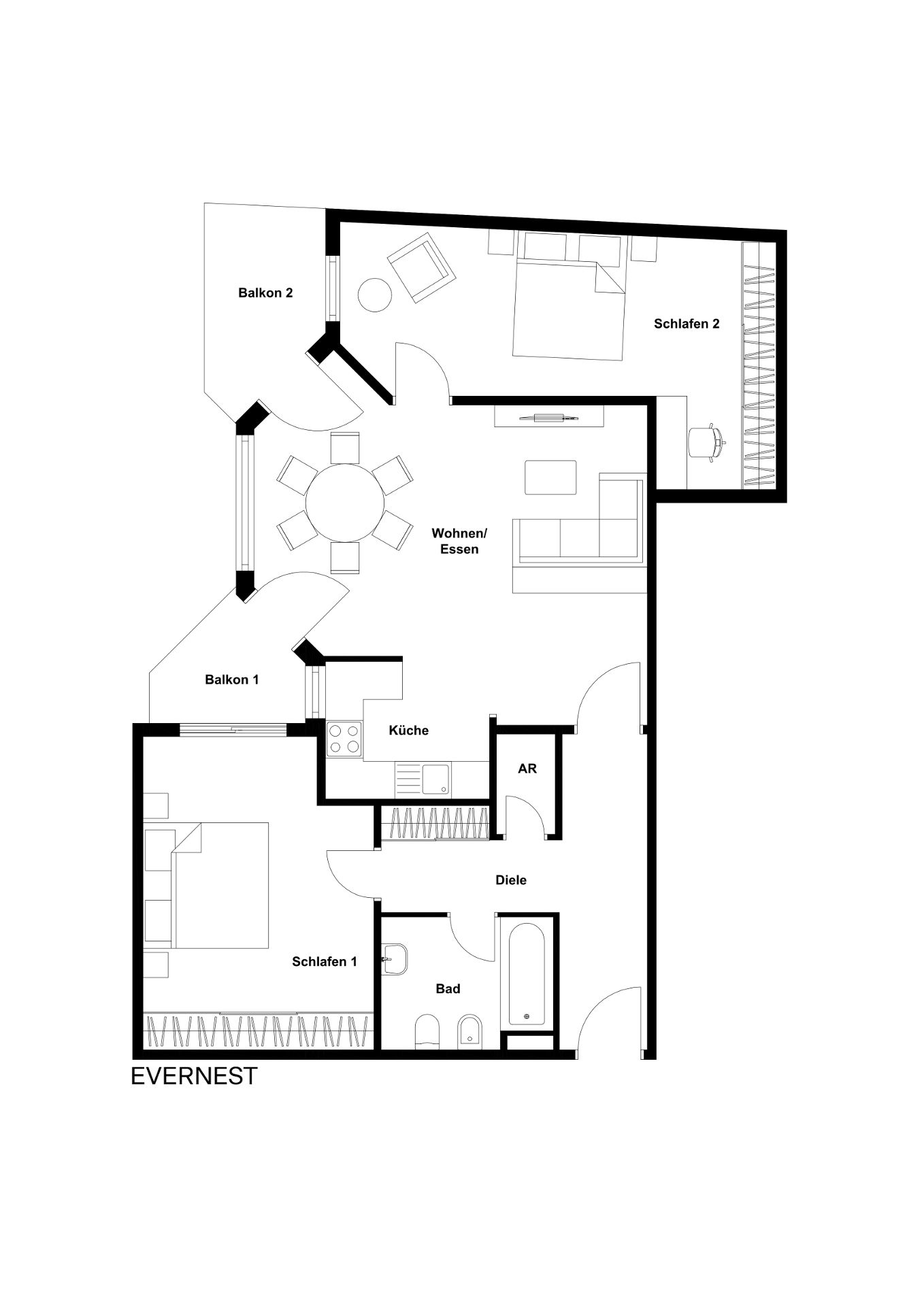 Grundriss einer Wohnung mit zwei Schlafzimmern, Wohnzimmer, Küche, Bad und zwei Balkonen.