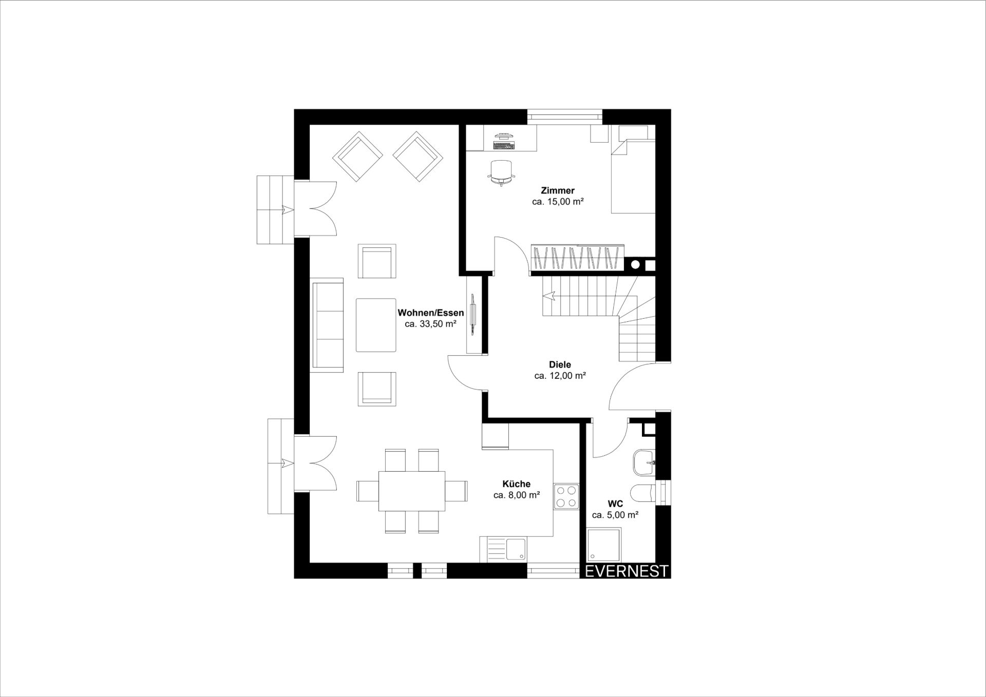 Grundriss zeigt Wohnzimmer, Küche, Zimmer, Diele und WC einer Wohnung.