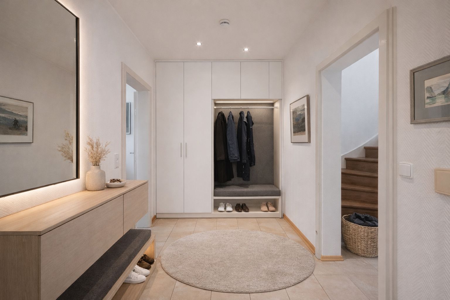 Heller Flur mit Garderobe, Spiegel, Kommode, Teppich und Holztreppe.