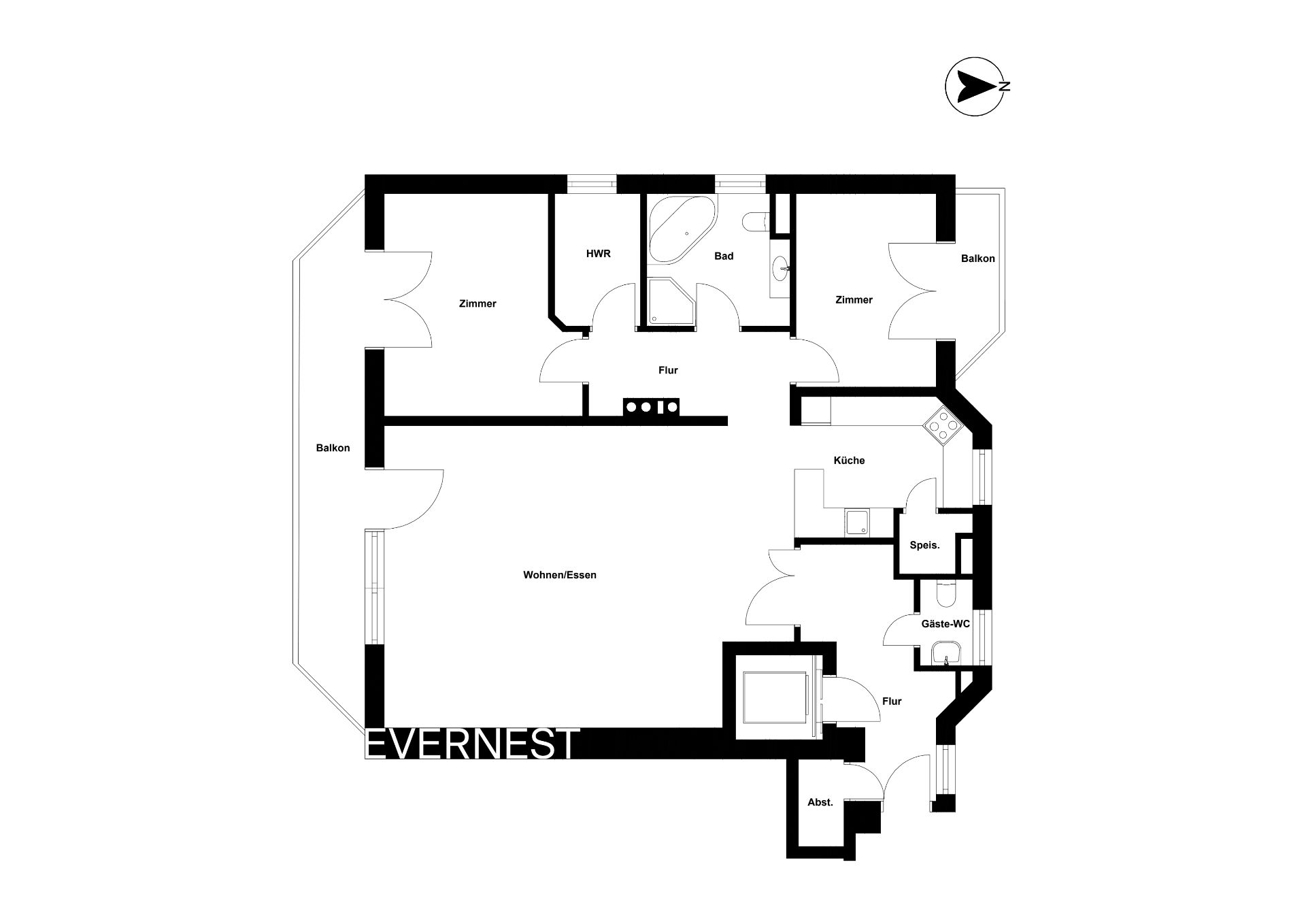Grundriss einer Wohnung mit Wohnzimmer, zwei Zimmern, Küche, Bad, Gäste-WC, Speisekammer und zwei Balkonen.