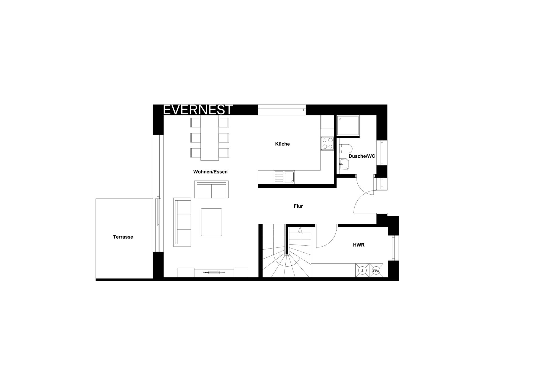 Grundriss mit Wohnzimmer, Küche, Flur, Hauswirtschaftsraum, Dusche/WC und Terrasse.