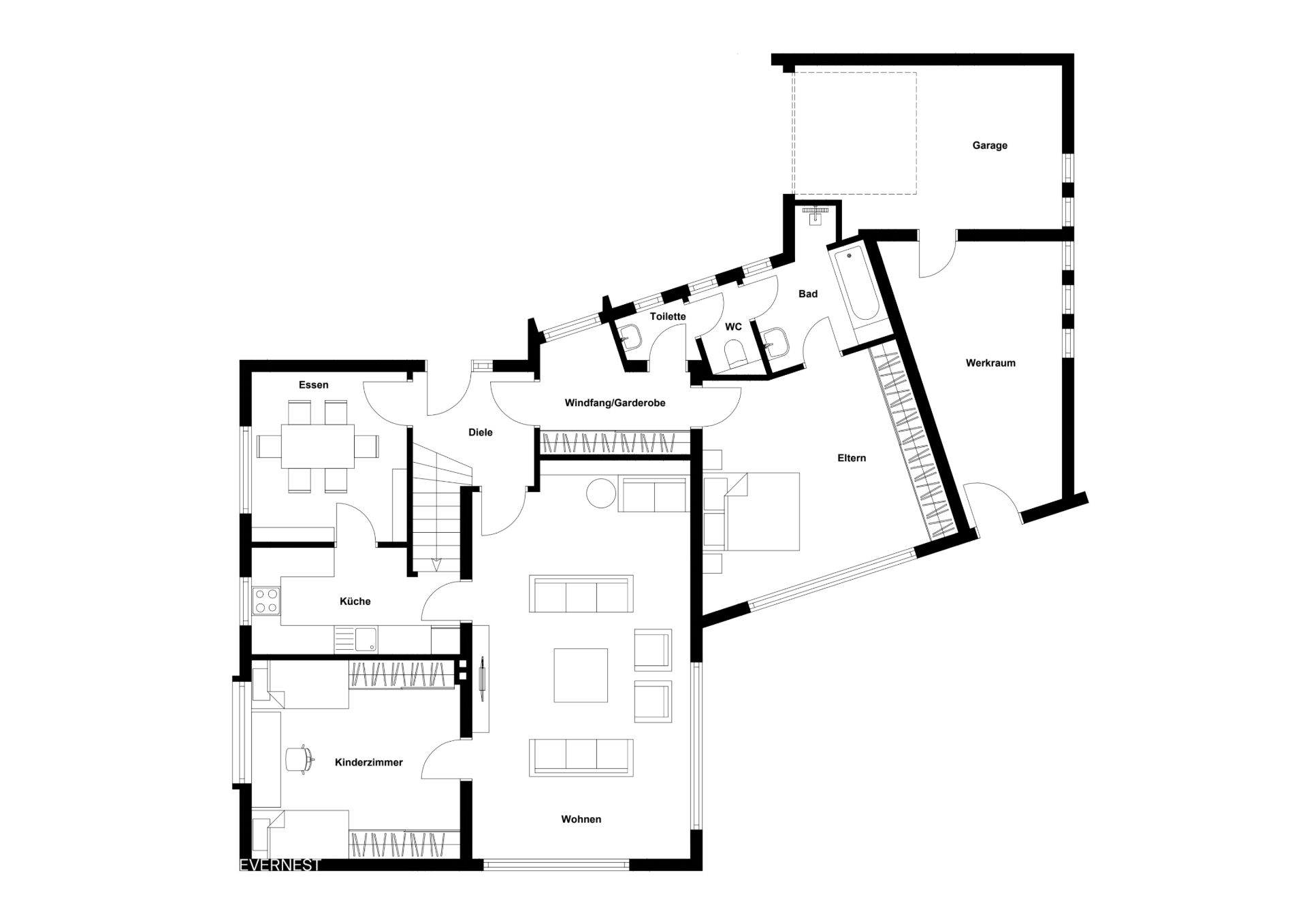 Grundriss eines Hauses mit Garage, Wohnzimmer, Küche, Essbereich, Bad und mehreren Zimmern.