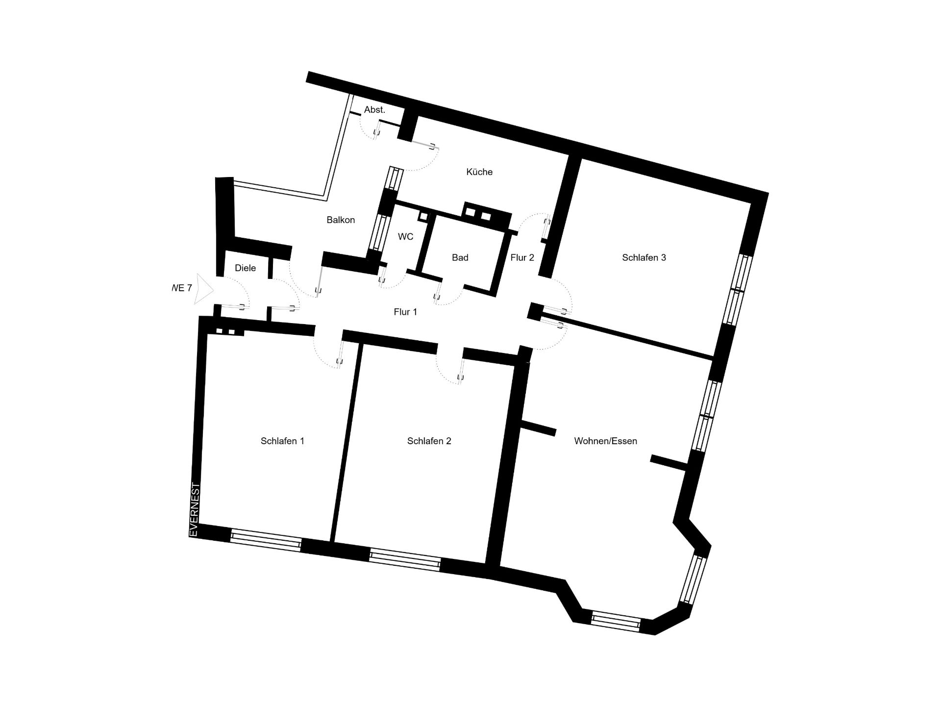 Grundriss einer Wohnung mit drei Schlafzimmern, Wohnzimmer, Bad, WC, Küche und Balkon.