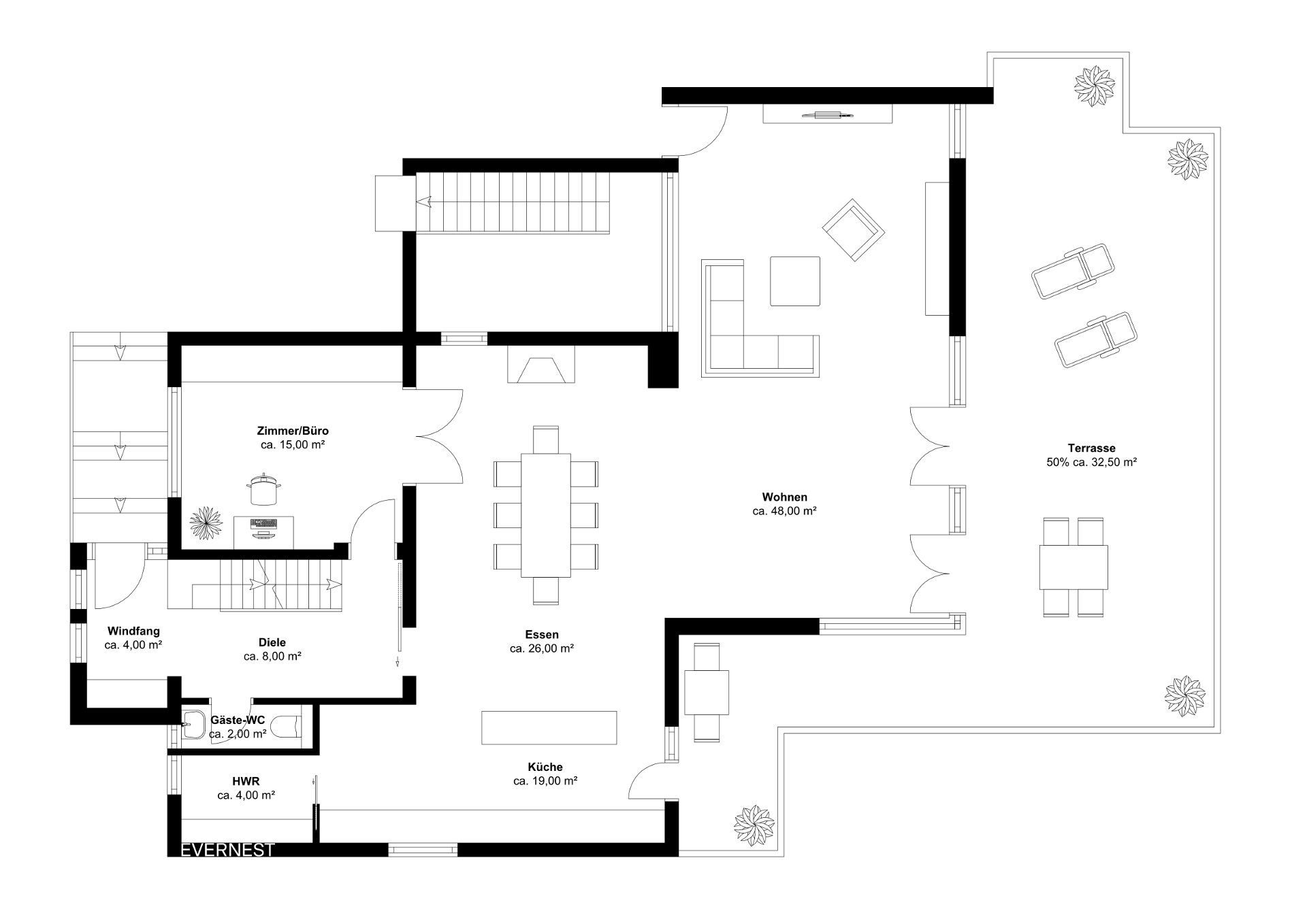 Grundriss eines Wohnbereichs mit Wohnzimmer, Esszimmer, Küche, Büro und Terrasse.