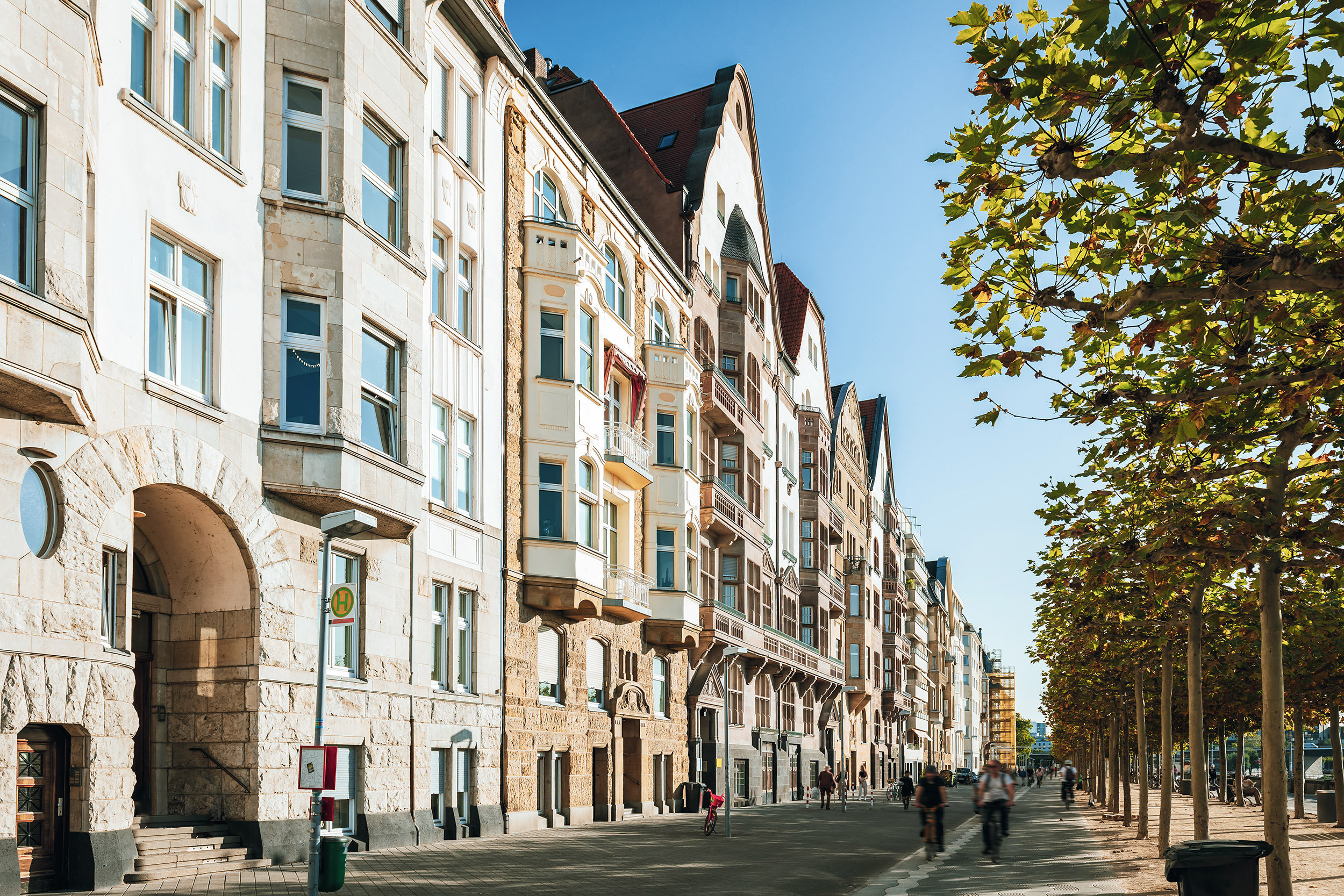 Reihen von historischen Wohngebäuden an einer baumbestandenen Straße bei Sonnenschein.