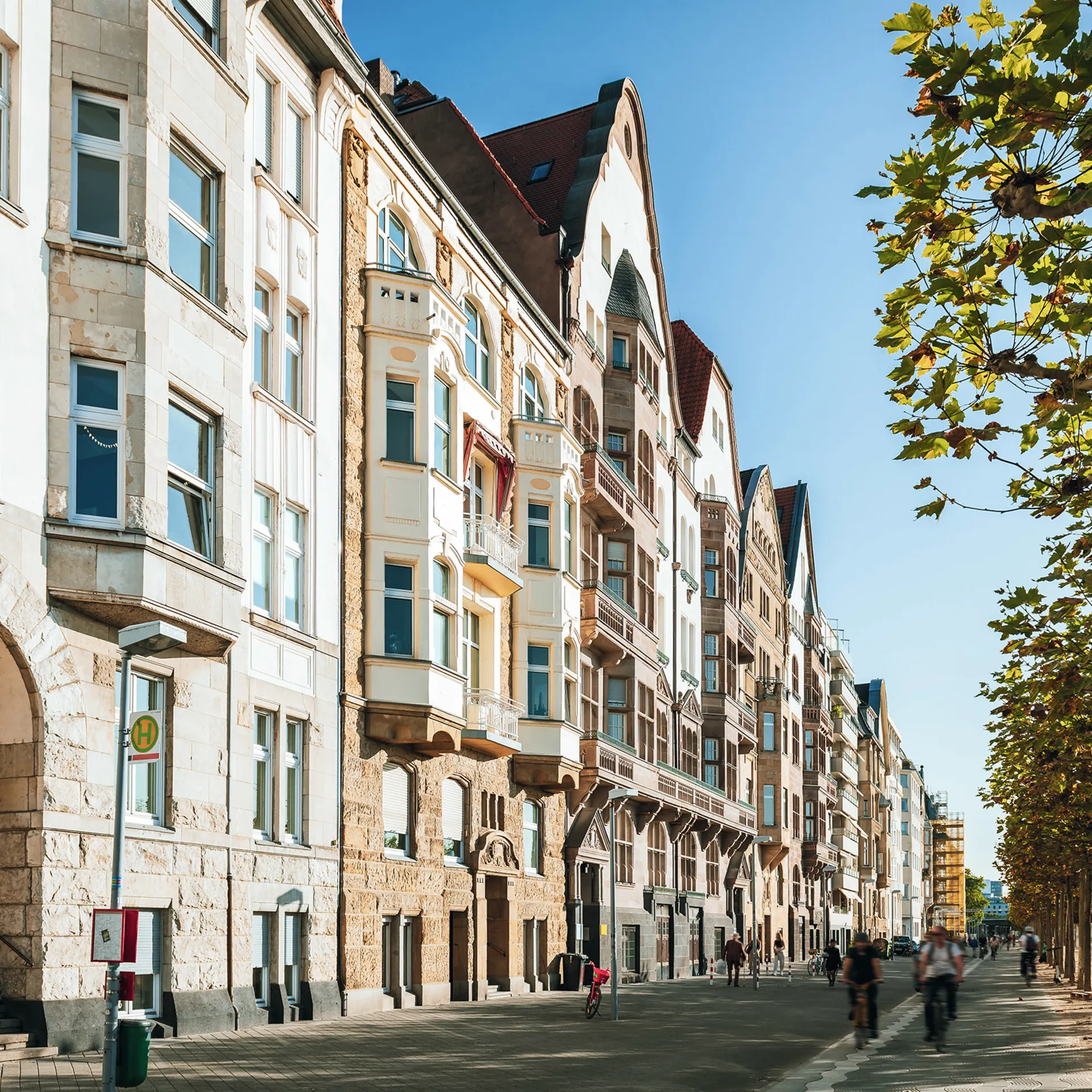 Reihen von historischen Wohngebäuden an einer baumbestandenen Straße bei Sonnenschein.