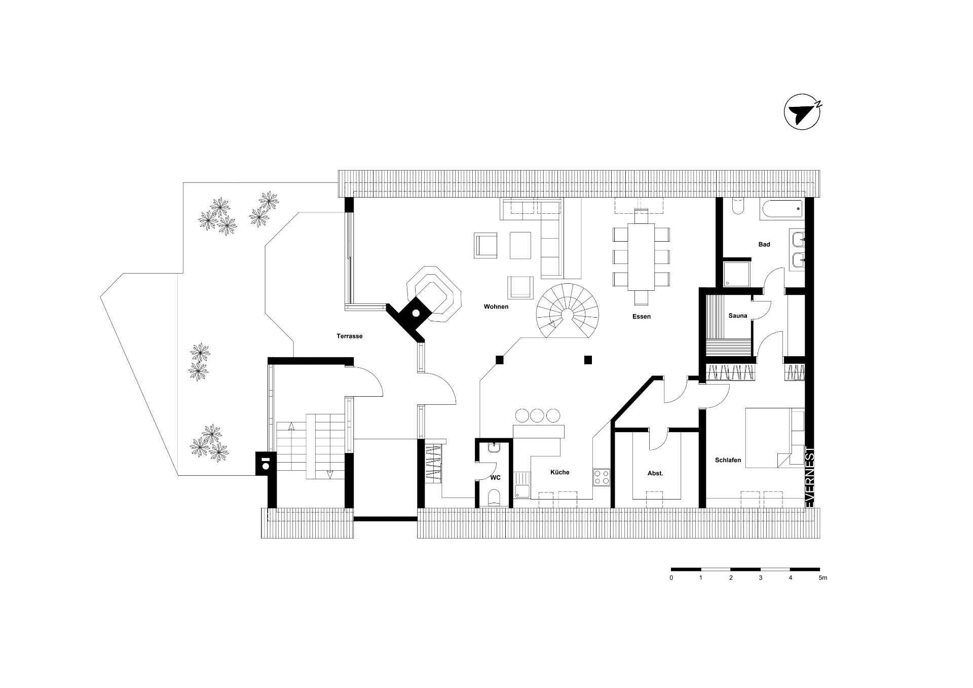 Grundriss eines Hauses mit Wohnzimmer, Küche, Essbereich, Schlafzimmer, Bad und Terrasse.